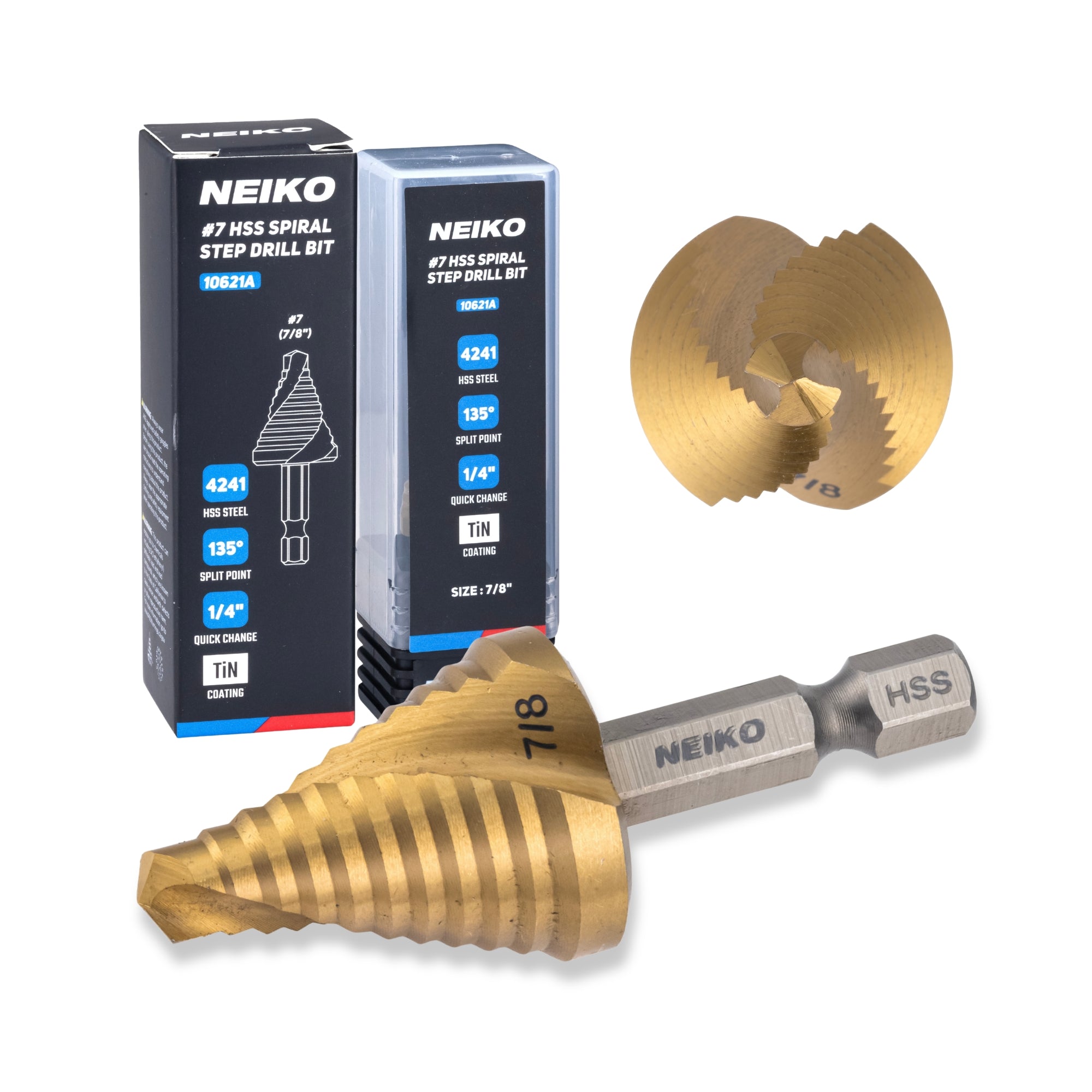 NEIKO 10621A Step Drill Bit, 1 Step 7/8" Spiral High Speed Steel, Titanium Nitride Coated, 1/4" Quick Change Step Bits for Steel, Metal, Wood, Plastic, Unibit Cone Drill Bits, Two Flute