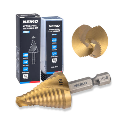 NEIKO 10621A Step Drill Bit, 1 Step 7/8" Spiral High Speed Steel, Titanium Nitride Coated, 1/4" Quick Change Step Bits for Steel, Metal, Wood, Plastic, Unibit Cone Drill Bits, Two Flute