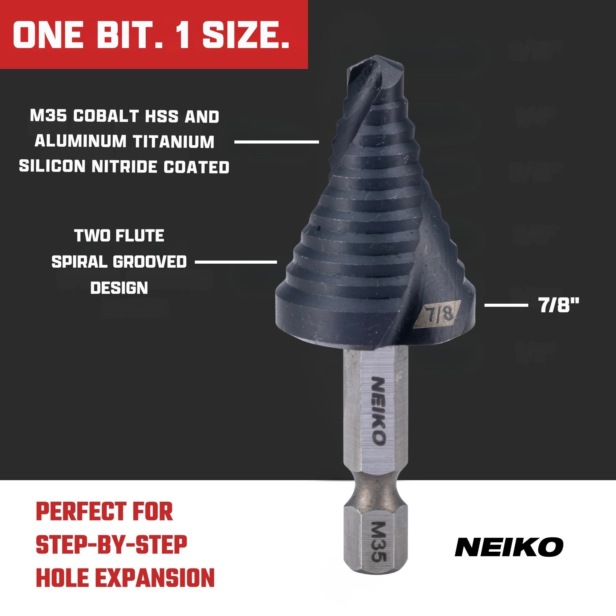 NEIKO 10621B Step Drill Bit, 1 Step 7/8" Spiral M35 Cobalt, AlTiSiN Coated, 1/4" Quick Change Step Bits for Steel, Metal, Wood, Plastic, Unibit Cone Drill Bits, Two Flute