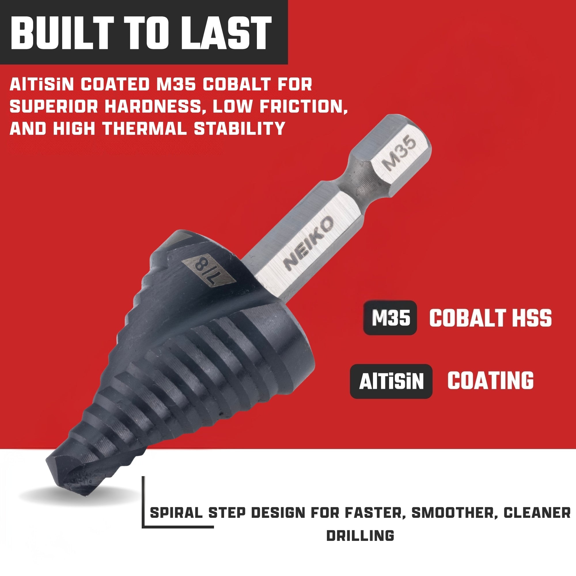 NEIKO 10621B Step Drill Bit, 1 Step 7/8" Spiral M35 Cobalt, AlTiSiN Coated, 1/4" Quick Change Step Bits for Steel, Metal, Wood, Plastic, Unibit Cone Drill Bits, Two Flute