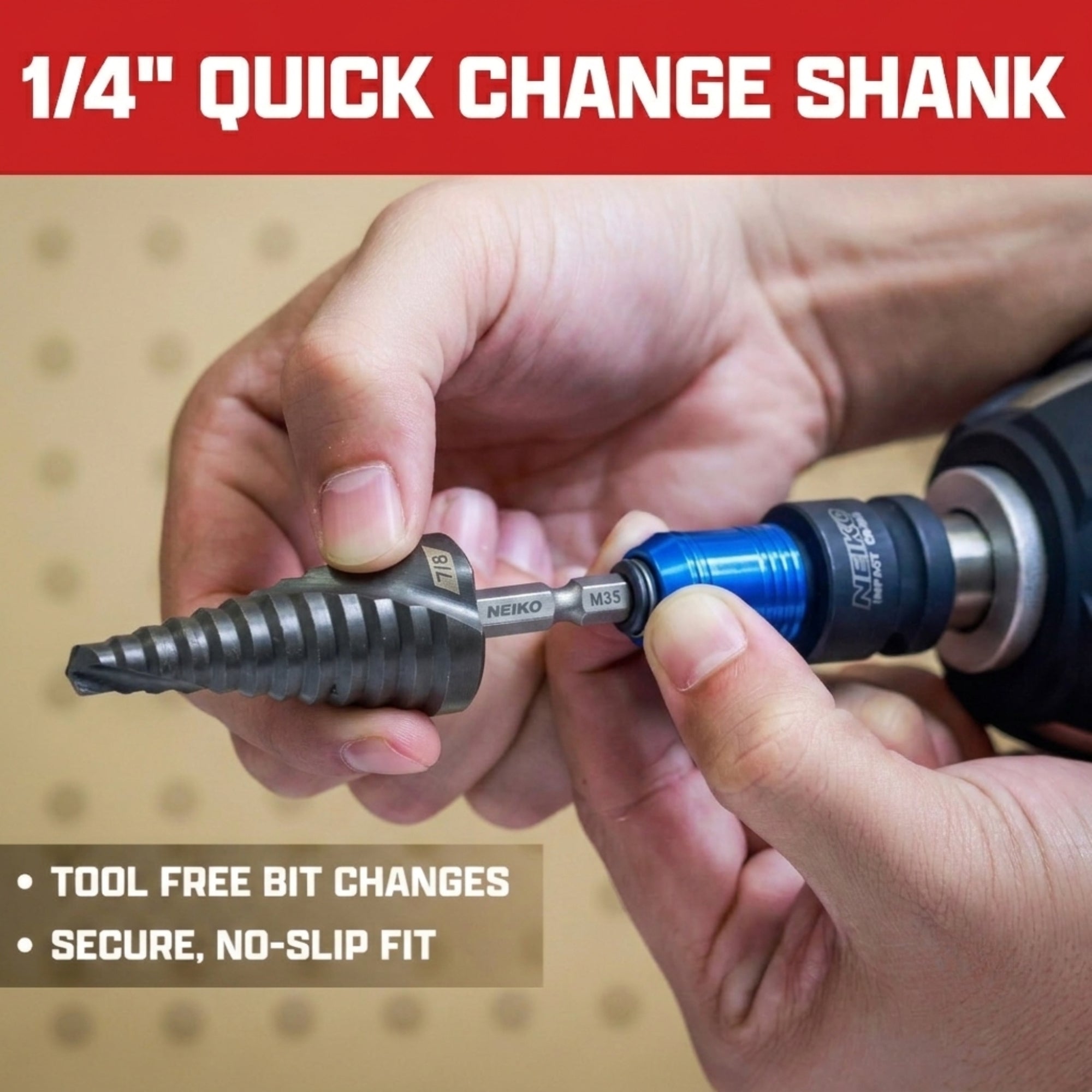 NEIKO 10621B Step Drill Bit, 1 Step 7/8" Spiral M35 Cobalt, AlTiSiN Coated, 1/4" Quick Change Step Bits for Steel, Metal, Wood, Plastic, Unibit Cone Drill Bits, Two Flute
