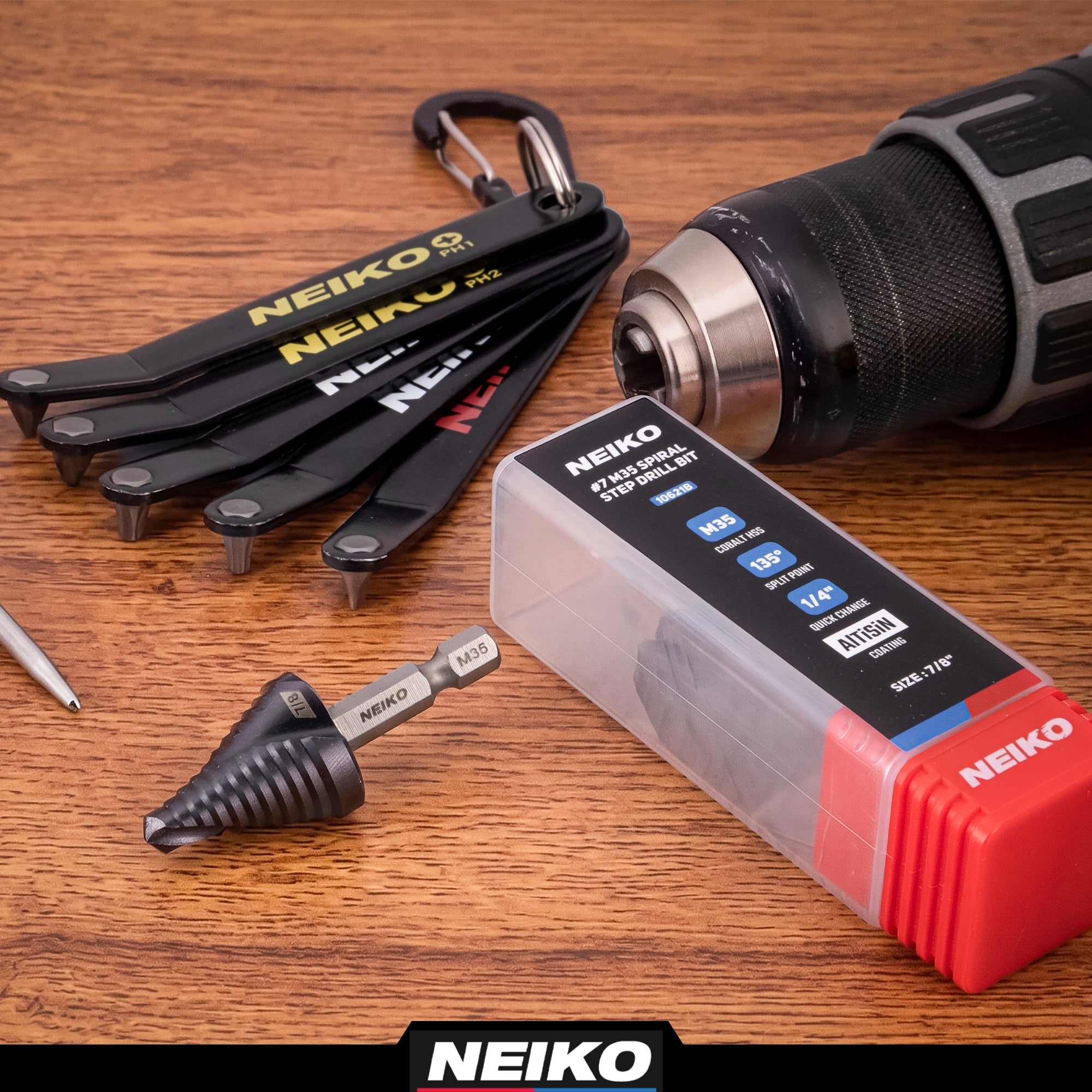 NEIKO 10621B Step Drill Bit, 1 Step 7/8" Spiral M35 Cobalt, AlTiSiN Coated, 1/4" Quick Change Step Bits for Steel, Metal, Wood, Plastic, Unibit Cone Drill Bits, Two Flute