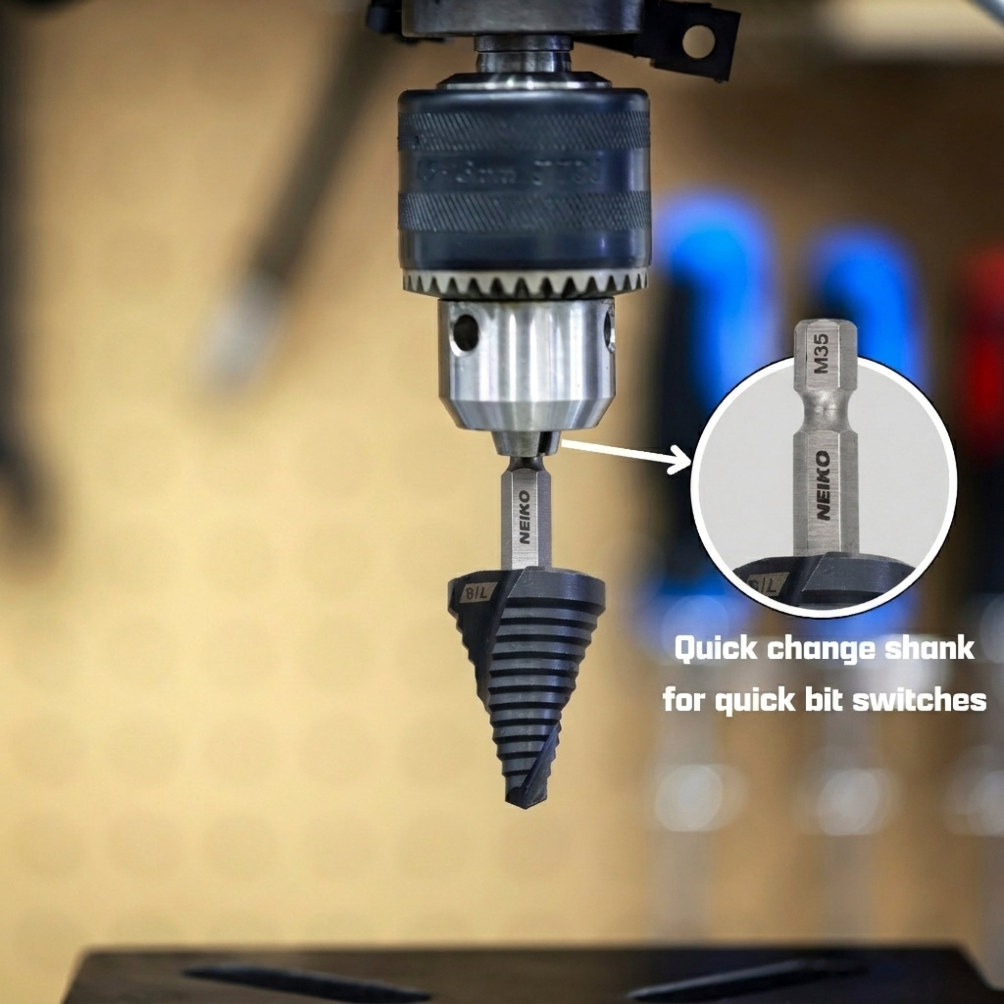 NEIKO 10621B Step Drill Bit, 1 Step 7/8" Spiral M35 Cobalt, AlTiSiN Coated, 1/4" Quick Change Step Bits for Steel, Metal, Wood, Plastic, Unibit Cone Drill Bits, Two Flute