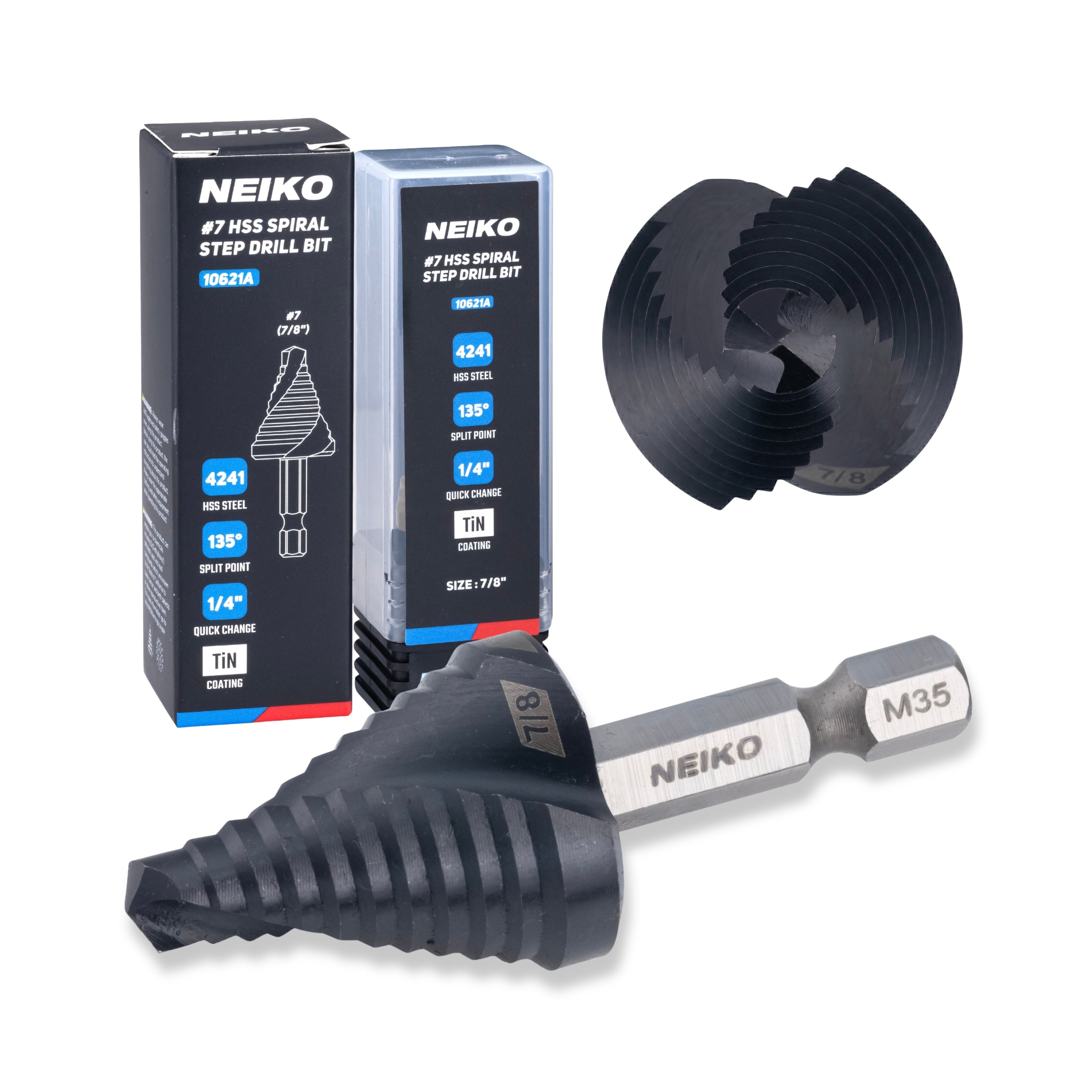 NEIKO 10621B Step Drill Bit, 1 Step 7/8" Spiral M35 Cobalt, AlTiSiN Coated, 1/4" Quick Change Step Bits for Steel, Metal, Wood, Plastic, Unibit Cone Drill Bits, Two Flute