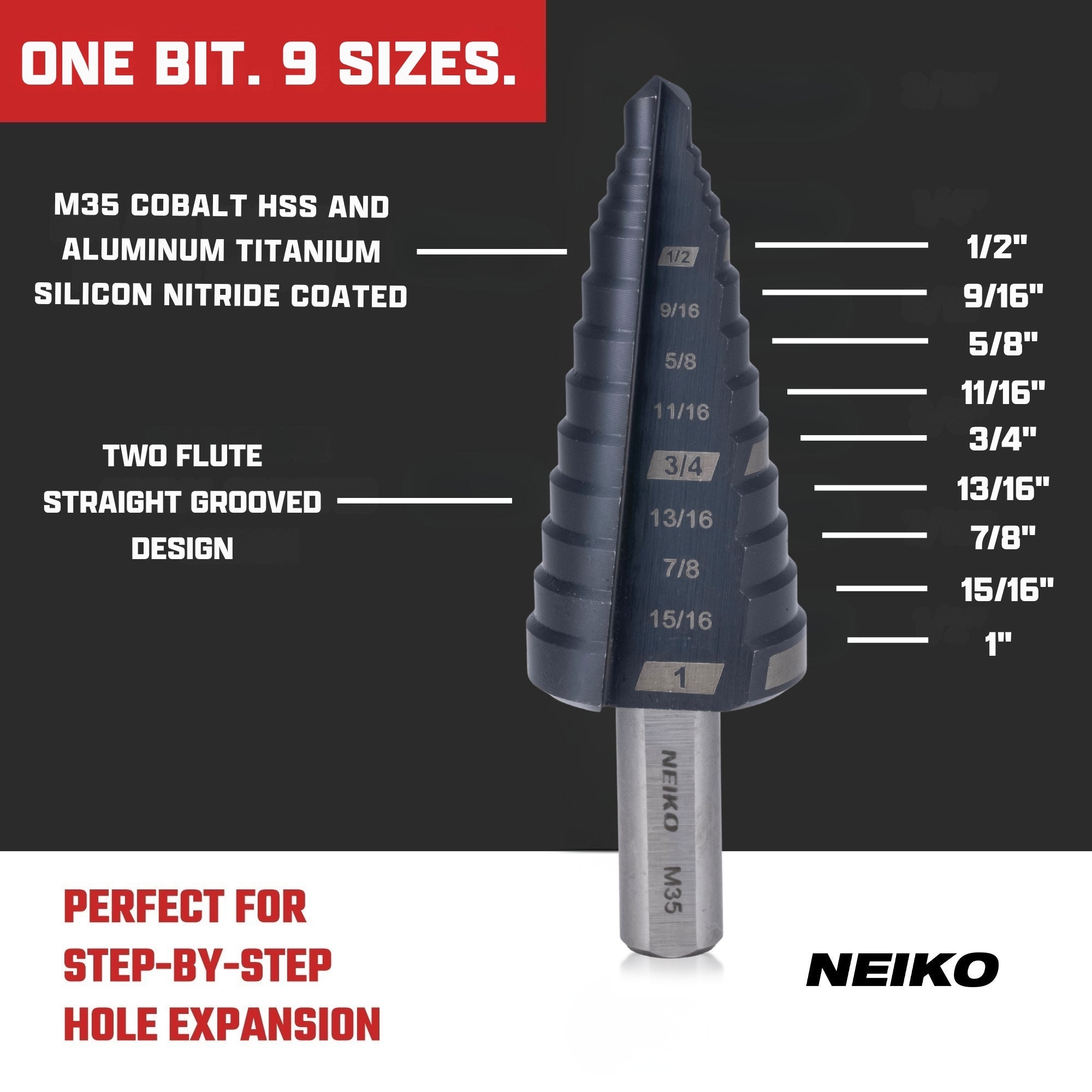 NEIKO 10622B Step Drill Bit, 9 Steps 1/2" to 1" Straight M35 Cobalt, AlTiSiN Coated, 3/8" Tri-Flat Step Bits for Steel, Metal, Wood, Plastic, Unibit Cone Drill Bits, Two Flute
