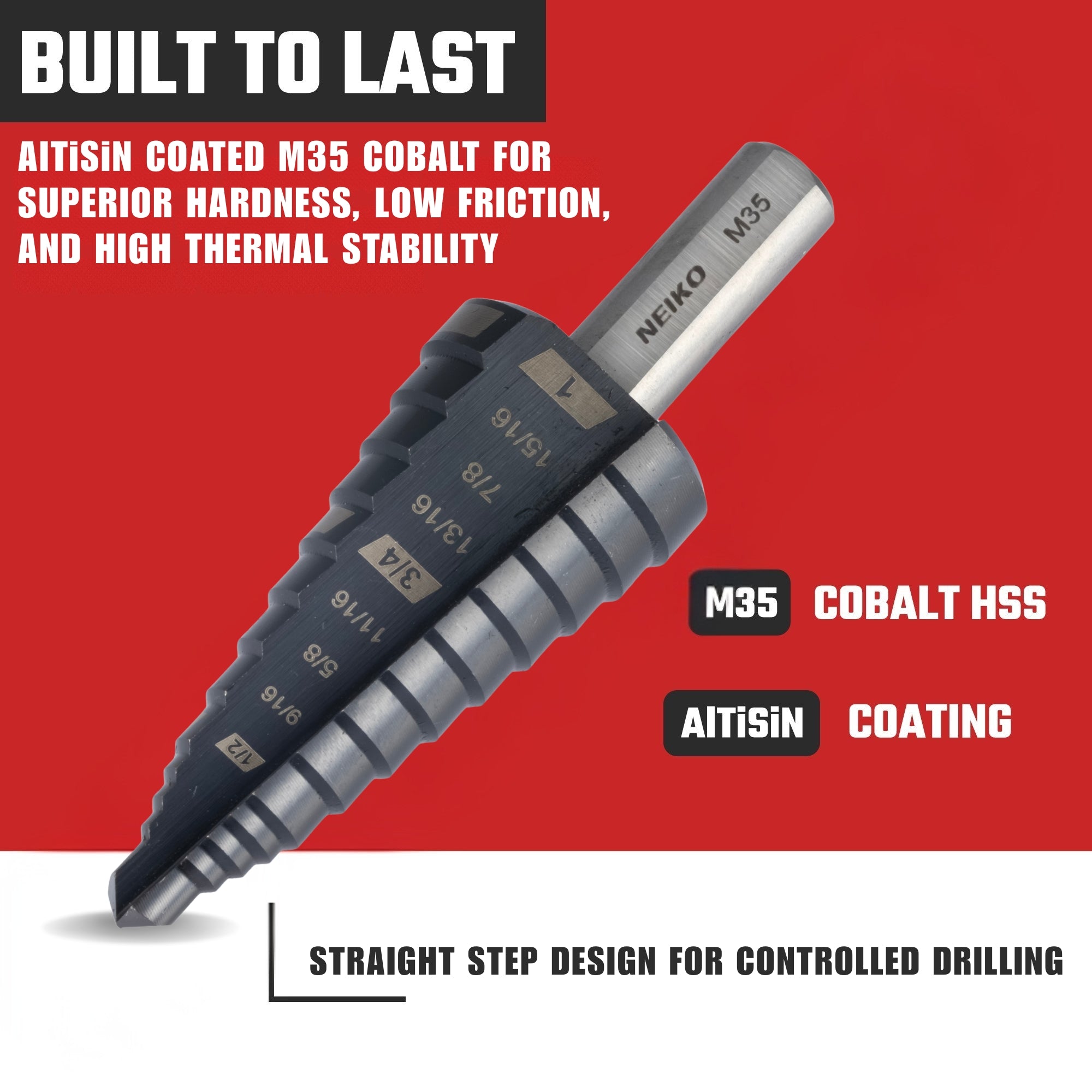 NEIKO 10622B Step Drill Bit, 9 Steps 1/2" to 1" Straight M35 Cobalt, AlTiSiN Coated, 3/8" Tri-Flat Step Bits for Steel, Metal, Wood, Plastic, Unibit Cone Drill Bits, Two Flute