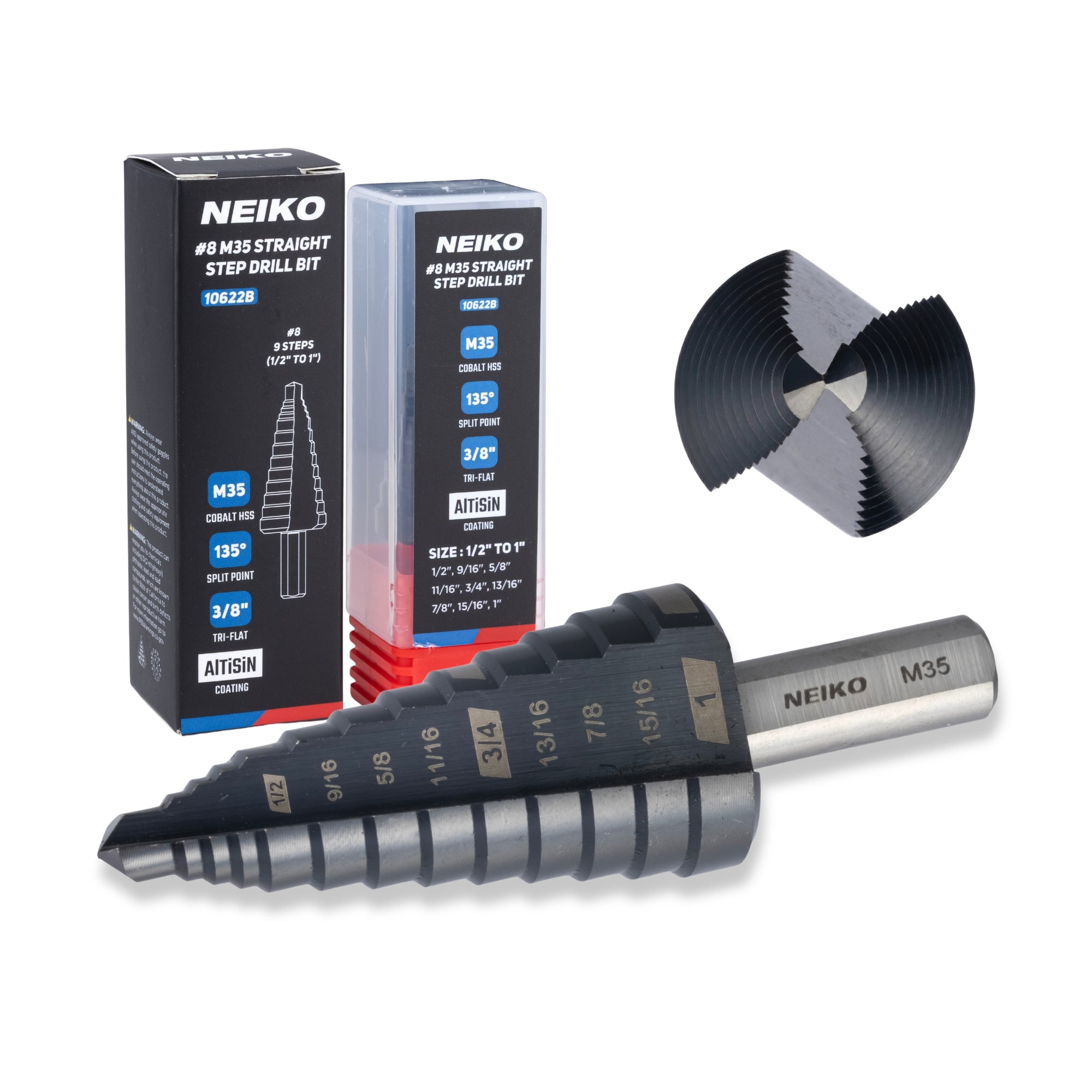 NEIKO 10622B Step Drill Bit, 9 Steps 1/2" to 1" Straight M35 Cobalt, AlTiSiN Coated, 3/8" Tri-Flat Step Bits for Steel, Metal, Wood, Plastic, Unibit Cone Drill Bits, Two Flute