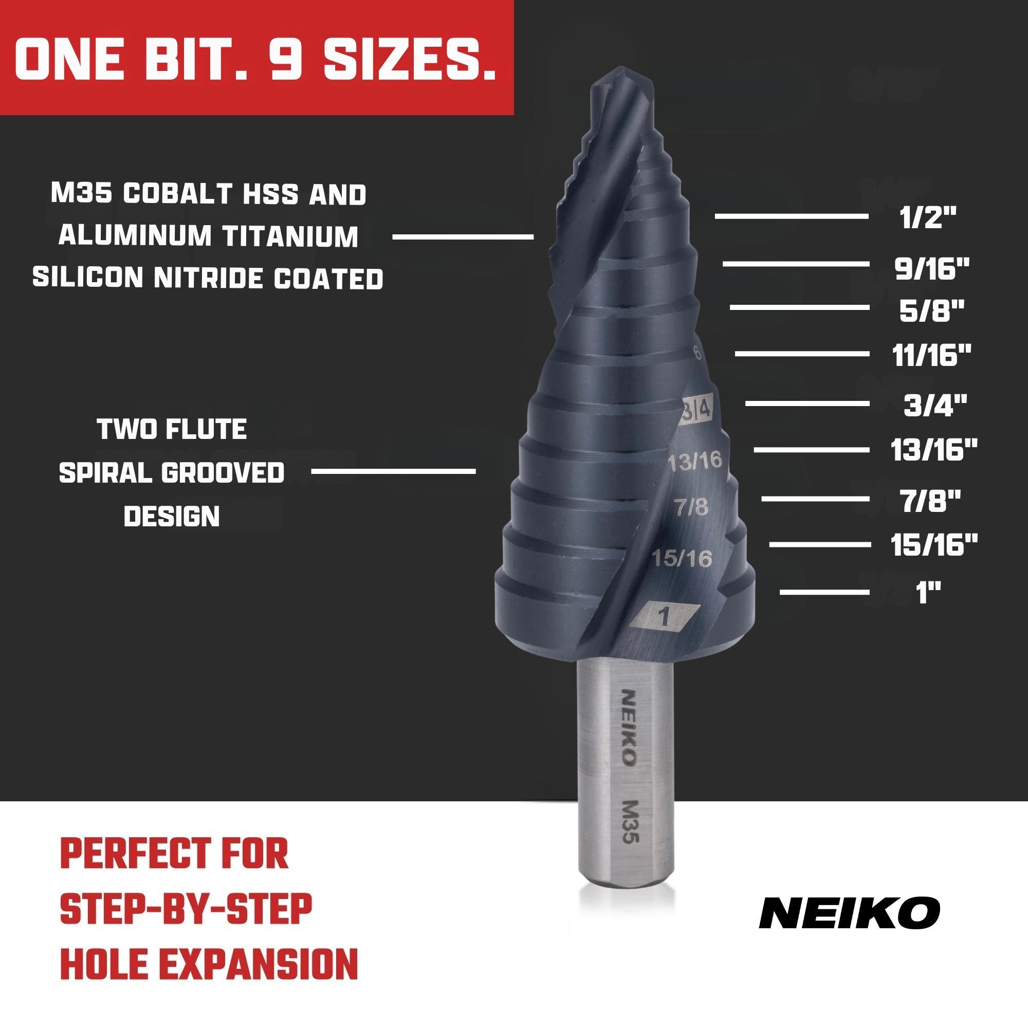 NEIKO 10623B Step Drill Bit, 9 Steps 1/2" to 1" Spiral M35 Cobalt, AlTiSiN Coated, 3/8" Tri-Flat Step Bits for Steel, Metal, Wood, Plastic, Unibit Cone Drill Bits, Two Flute