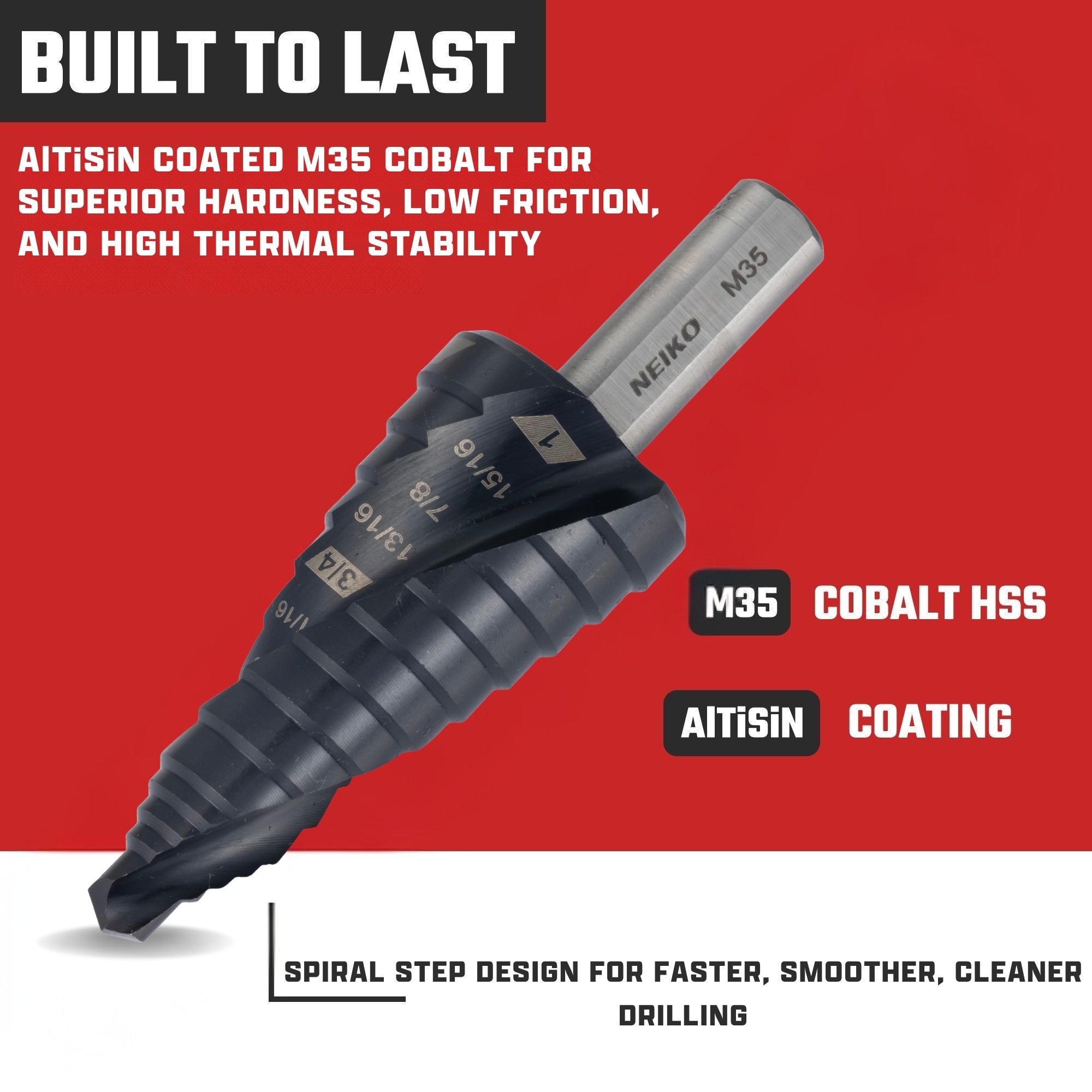 NEIKO 10623B Step Drill Bit, 9 Steps 1/2" to 1" Spiral M35 Cobalt, AlTiSiN Coated, 3/8" Tri-Flat Step Bits for Steel, Metal, Wood, Plastic, Unibit Cone Drill Bits, Two Flute