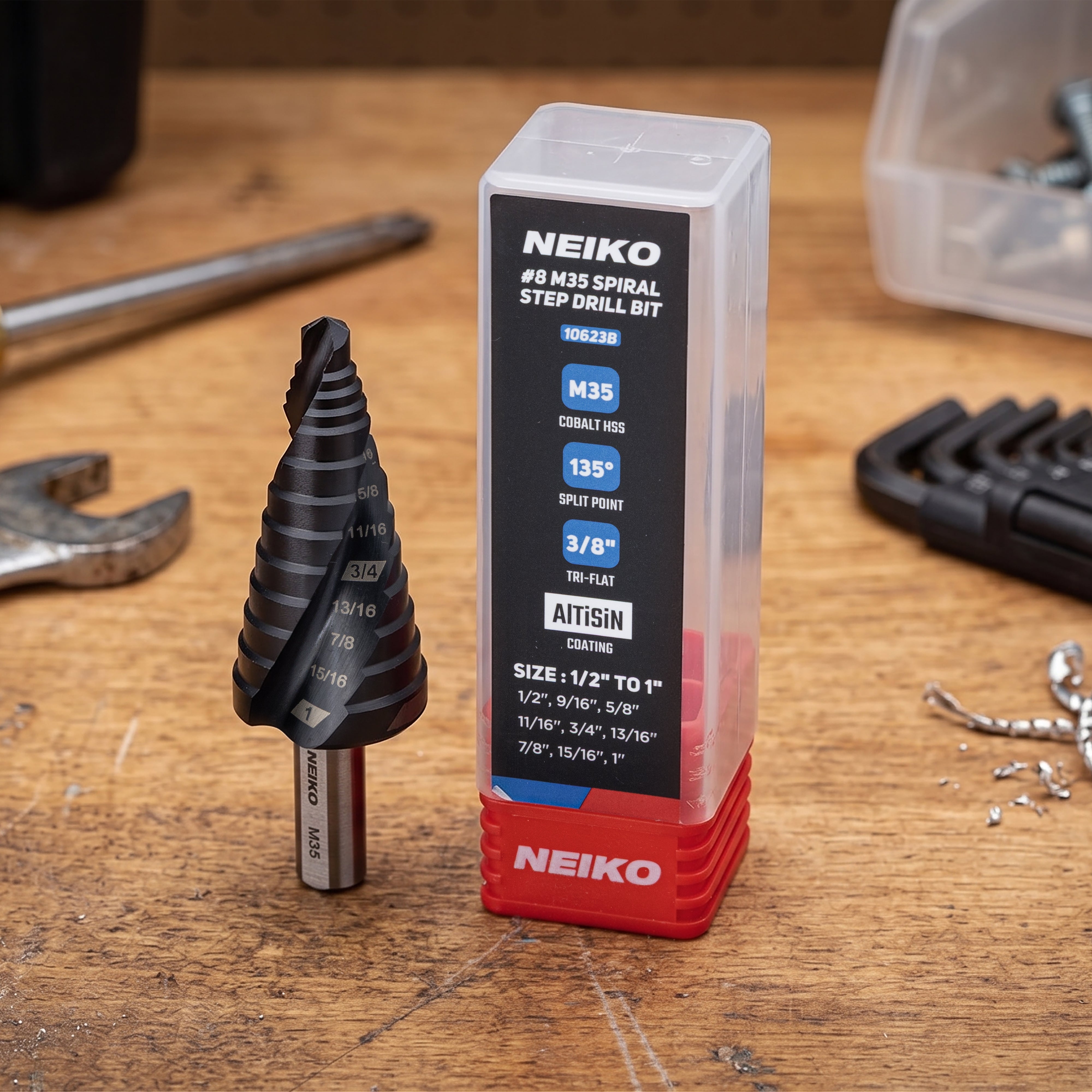 NEIKO 10623B Step Drill Bit, 9 Steps 1/2" to 1" Spiral M35 Cobalt, AlTiSiN Coated, 3/8" Tri-Flat Step Bits for Steel, Metal, Wood, Plastic, Unibit Cone Drill Bits, Two Flute