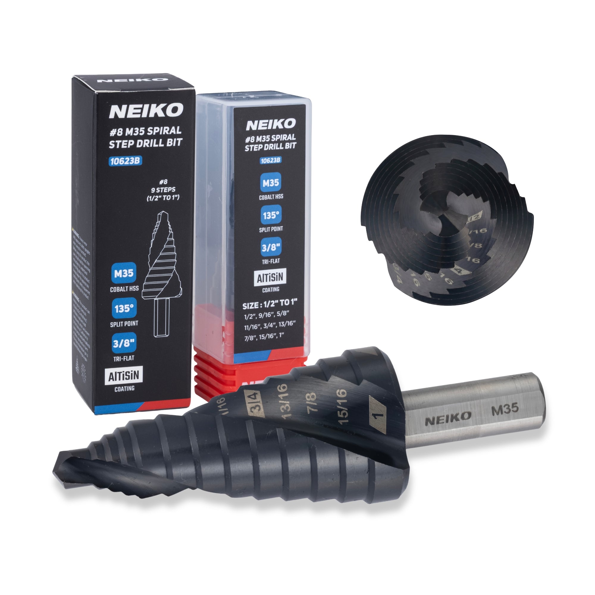 NEIKO 10623B Step Drill Bit, 9 Steps 1/2" to 1" Spiral M35 Cobalt, AlTiSiN Coated, 3/8" Tri-Flat Step Bits for Steel, Metal, Wood, Plastic, Unibit Cone Drill Bits, Two Flute