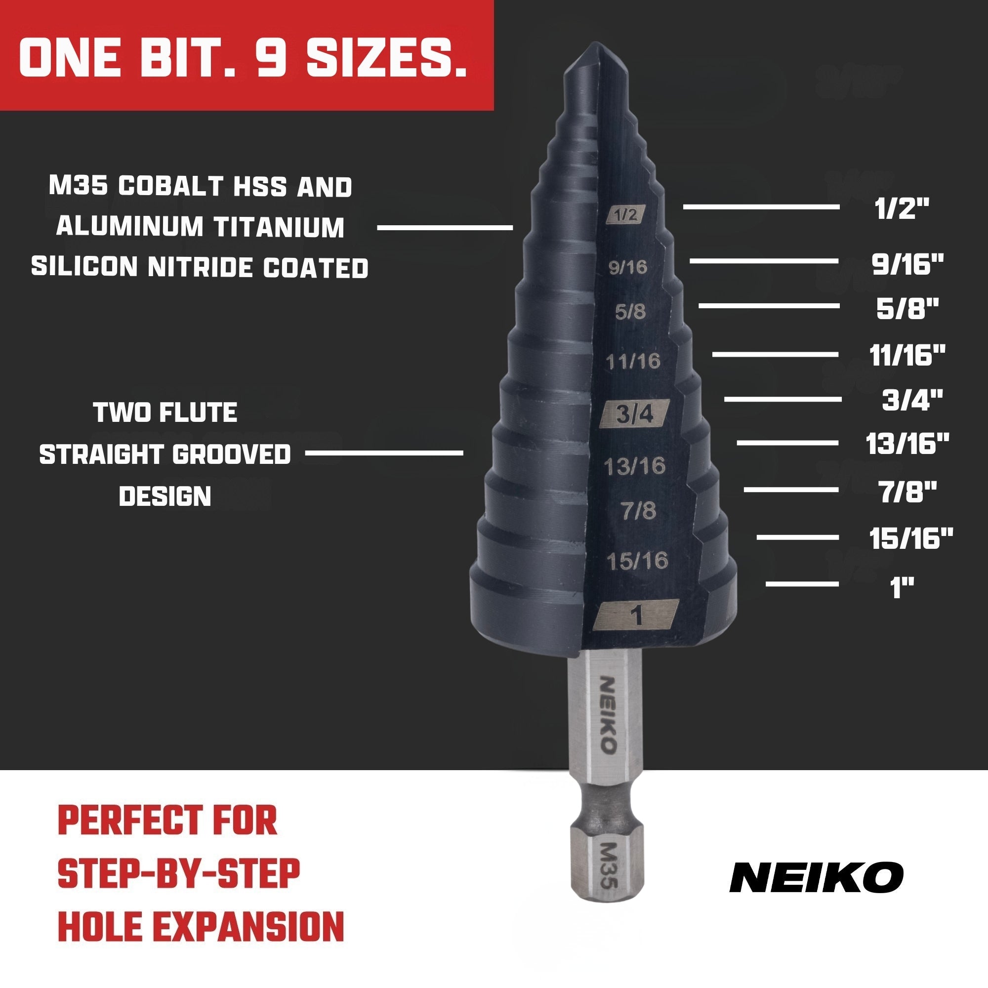 NEIKO 10624B Step Drill Bit, 9 Steps 1/2" to 1" Straight M35 Cobalt, AlTiSiN Coated, 1/4" Quick Change Step Bits for Steel, Metal, Wood, Plastic, Unibit Cone Drill Bits, Two Flute