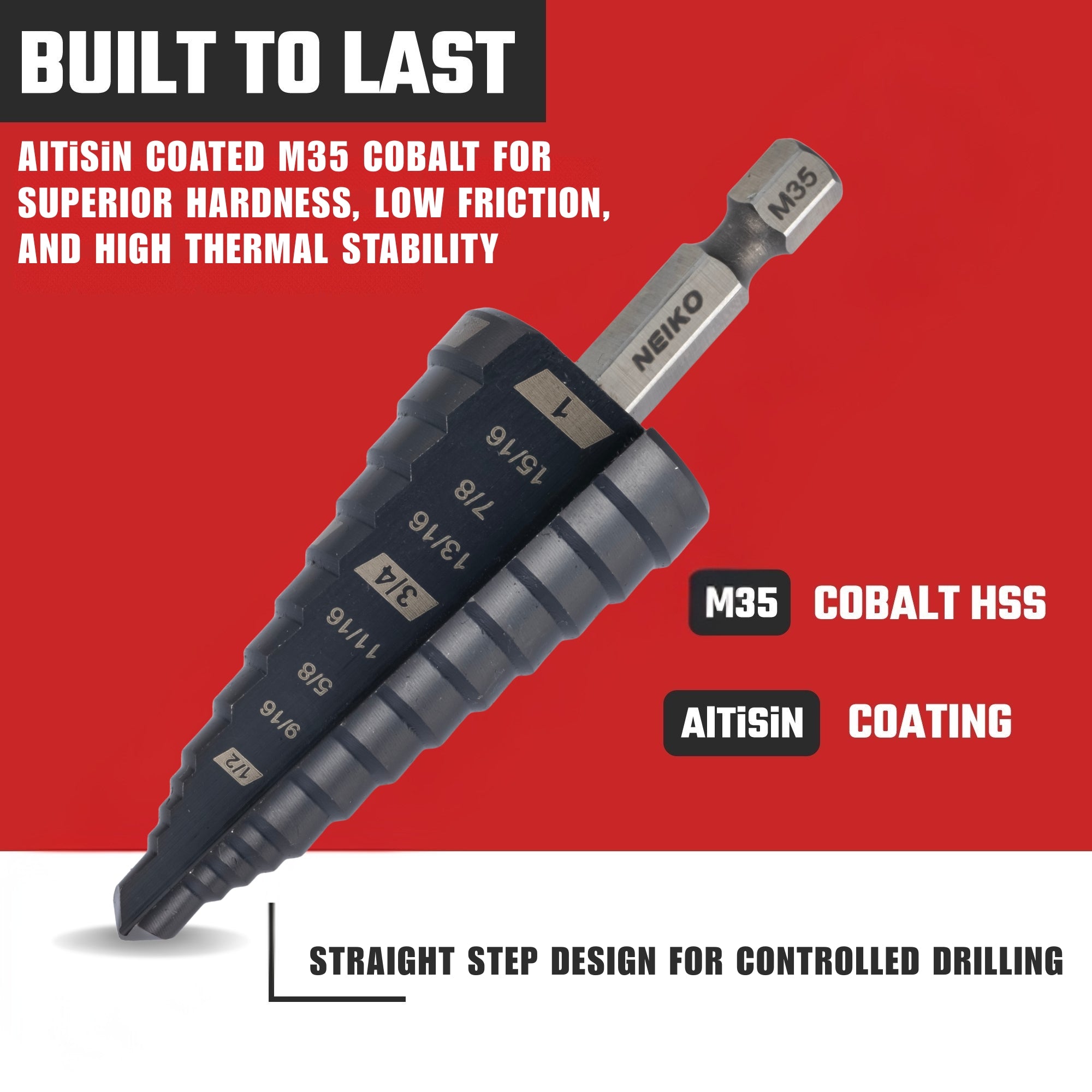 NEIKO 10624B Step Drill Bit, 9 Steps 1/2" to 1" Straight M35 Cobalt, AlTiSiN Coated, 1/4" Quick Change Step Bits for Steel, Metal, Wood, Plastic, Unibit Cone Drill Bits, Two Flute