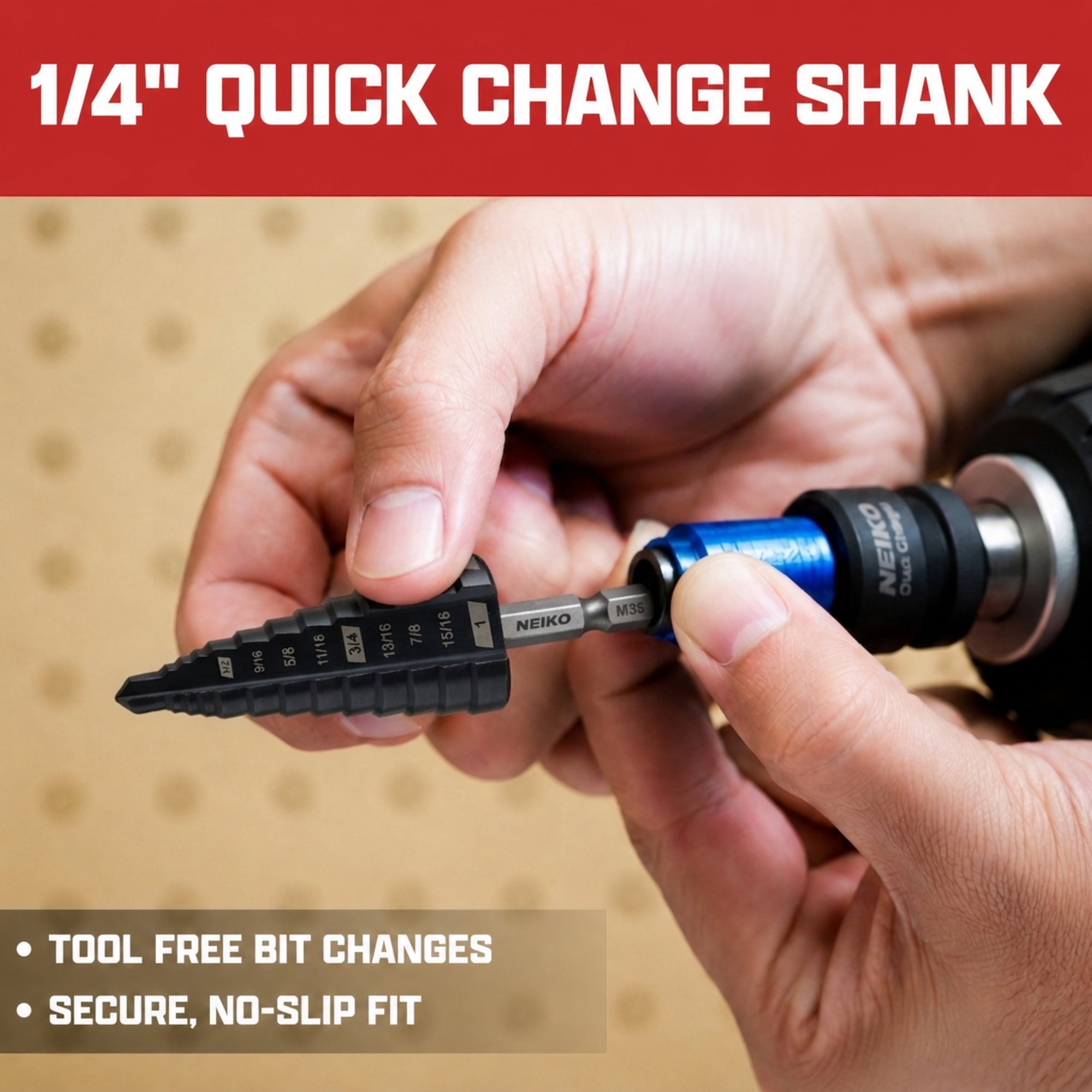 NEIKO 10624B Step Drill Bit, 9 Steps 1/2" to 1" Straight M35 Cobalt, AlTiSiN Coated, 1/4" Quick Change Step Bits for Steel, Metal, Wood, Plastic, Unibit Cone Drill Bits, Two Flute