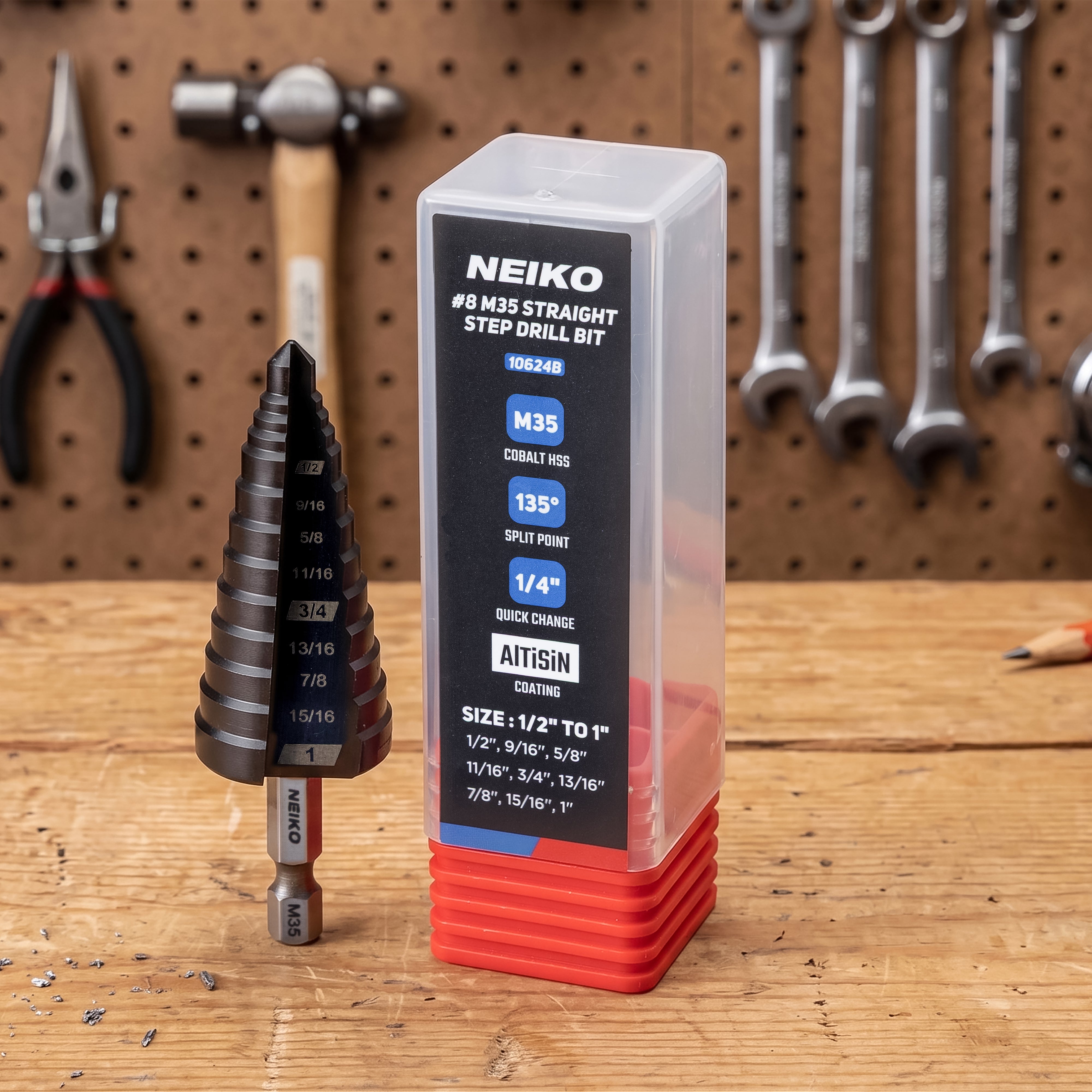 NEIKO 10624B Step Drill Bit, 9 Steps 1/2" to 1" Straight M35 Cobalt, AlTiSiN Coated, 1/4" Quick Change Step Bits for Steel, Metal, Wood, Plastic, Unibit Cone Drill Bits, Two Flute