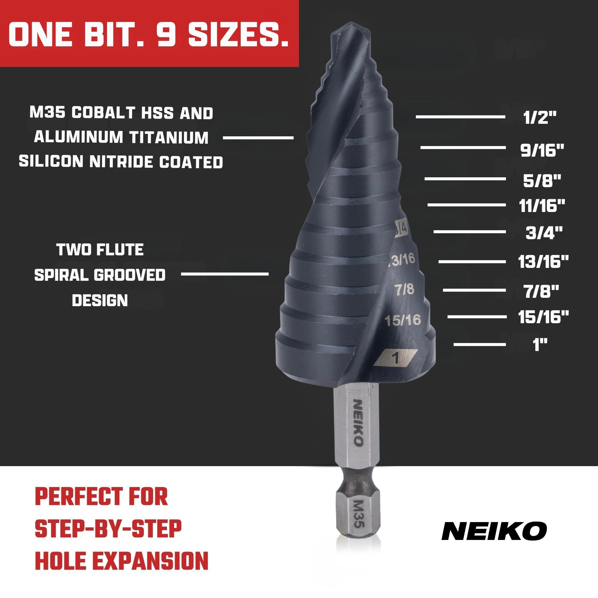NEIKO 10625B Step Drill Bit, 9 Steps 1/2" to 1" Spiral M35 Cobalt, AlTiSiN Coated, 1/4" Quick Change Step Bits for Steel, Metal, Wood, Plastic, Unibit Cone Drill Bits, Two Flute