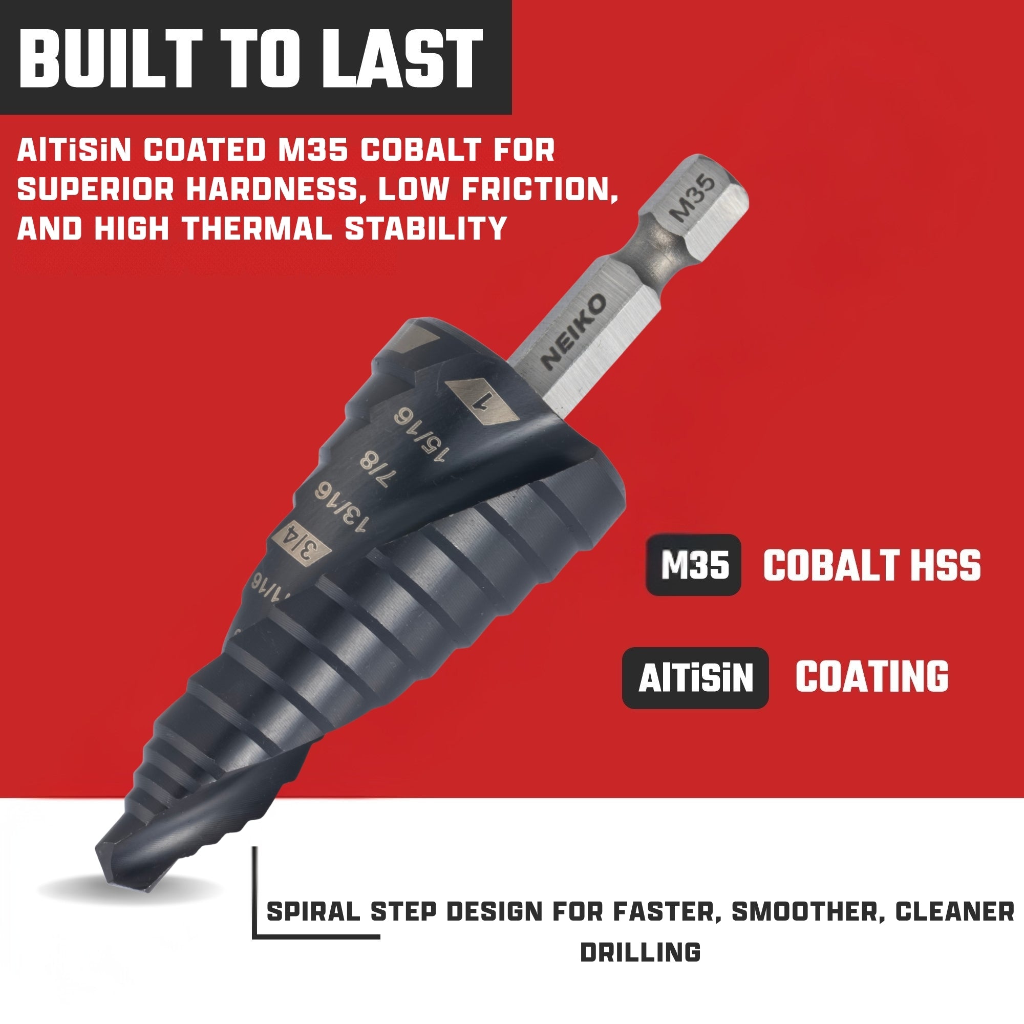 NEIKO 10625B Step Drill Bit, 9 Steps 1/2" to 1" Spiral M35 Cobalt, AlTiSiN Coated, 1/4" Quick Change Step Bits for Steel, Metal, Wood, Plastic, Unibit Cone Drill Bits, Two Flute