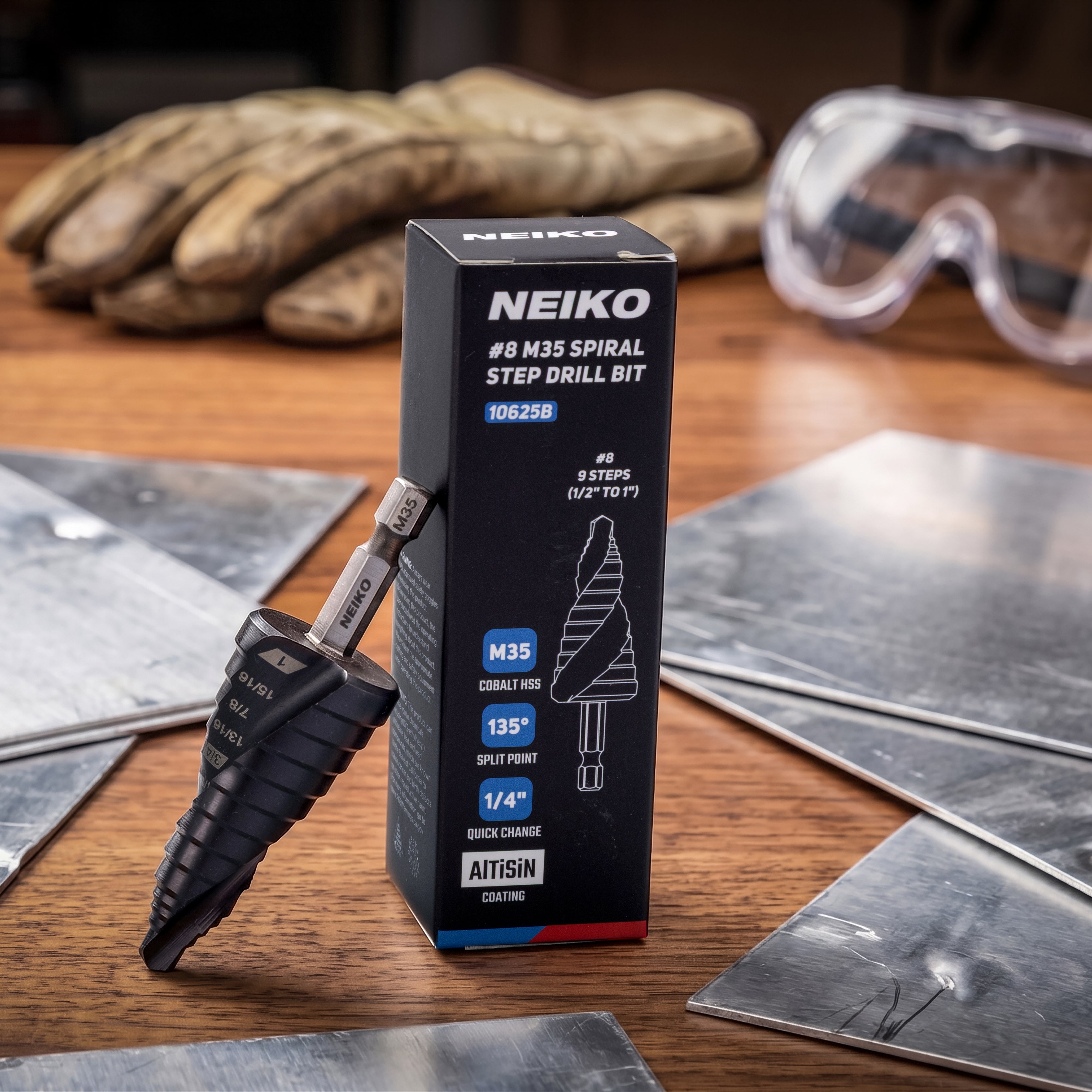 NEIKO 10625B Step Drill Bit, 9 Steps 1/2" to 1" Spiral M35 Cobalt, AlTiSiN Coated, 1/4" Quick Change Step Bits for Steel, Metal, Wood, Plastic, Unibit Cone Drill Bits, Two Flute