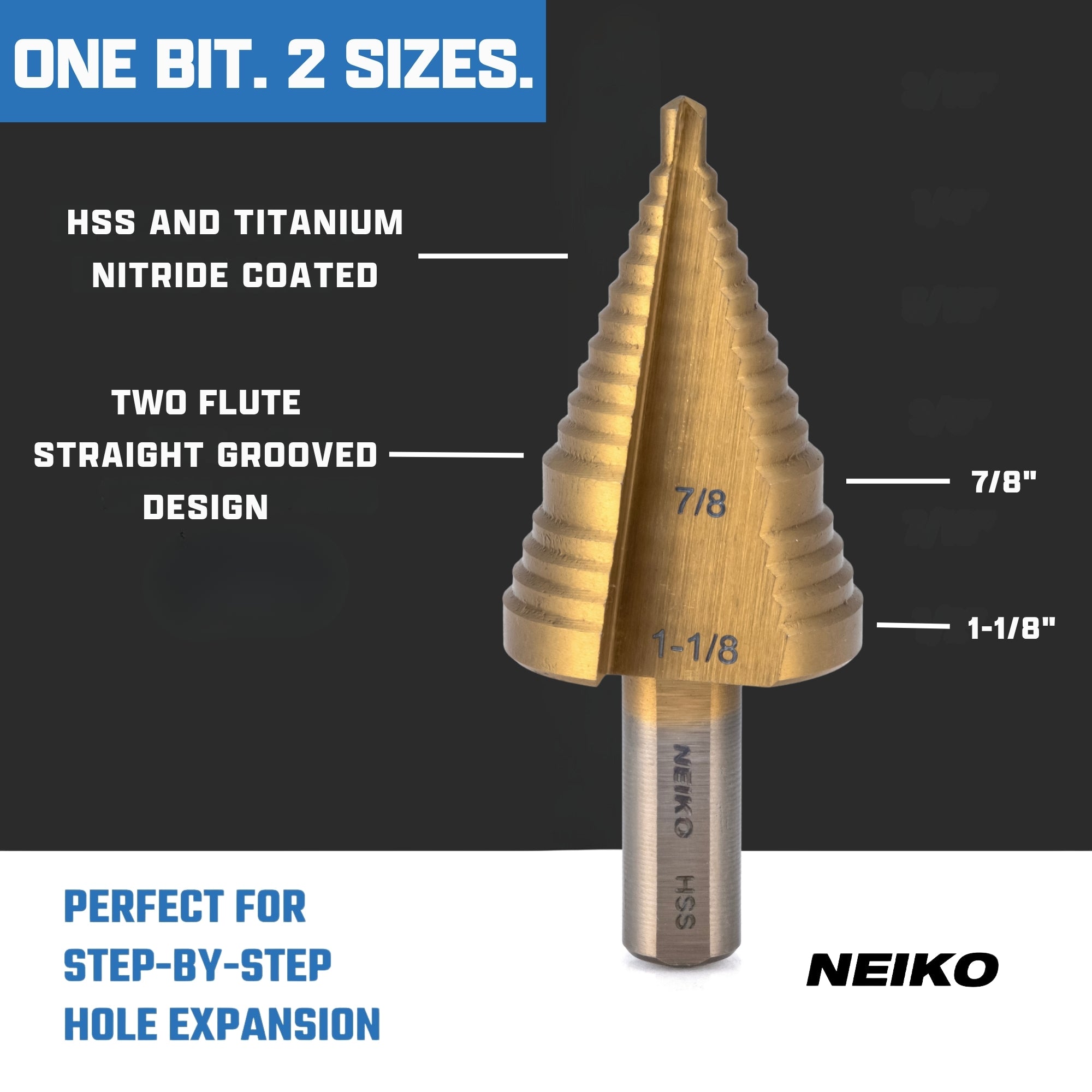 NEIKO 10626A Step Drill Bit, 2 Steps 7/8" to 1-1/8" Straight High Speed Steel, Titanium Nitride Coated, 3/8" Tri-Flat Step Bits for Steel, Metal, Wood, Plastic, Unibit Cone Drill Bits, Two Flute