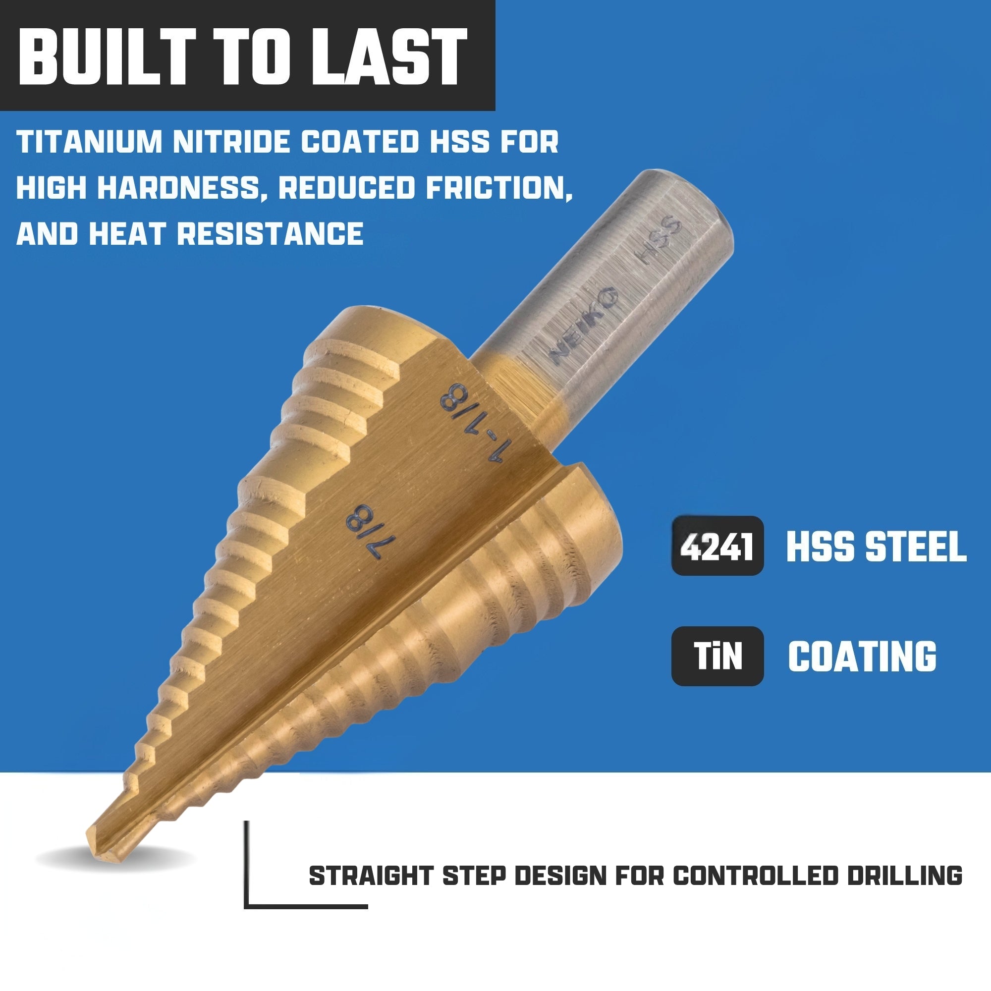 NEIKO 10626A Step Drill Bit, 2 Steps 7/8" to 1-1/8" Straight High Speed Steel, Titanium Nitride Coated, 3/8" Tri-Flat Step Bits for Steel, Metal, Wood, Plastic, Unibit Cone Drill Bits, Two Flute