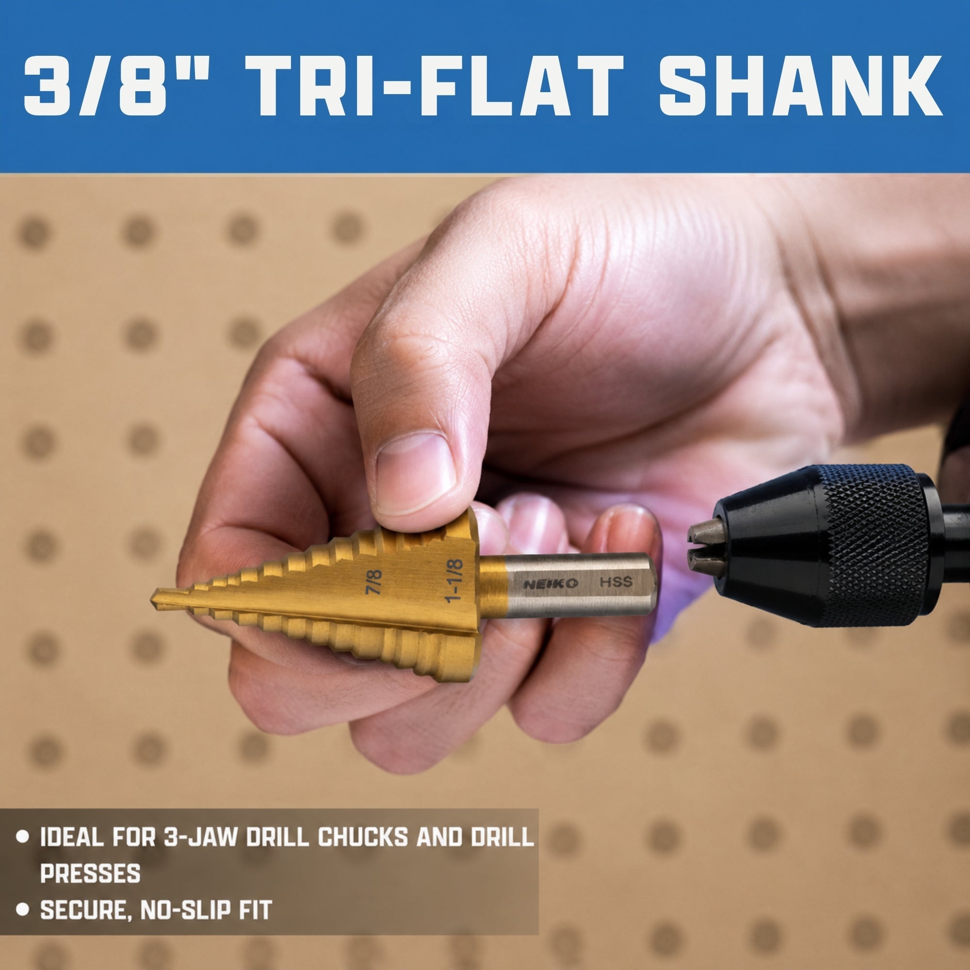 NEIKO 10626A Step Drill Bit, 2 Steps 7/8" to 1-1/8" Straight High Speed Steel, Titanium Nitride Coated, 3/8" Tri-Flat Step Bits for Steel, Metal, Wood, Plastic, Unibit Cone Drill Bits, Two Flute