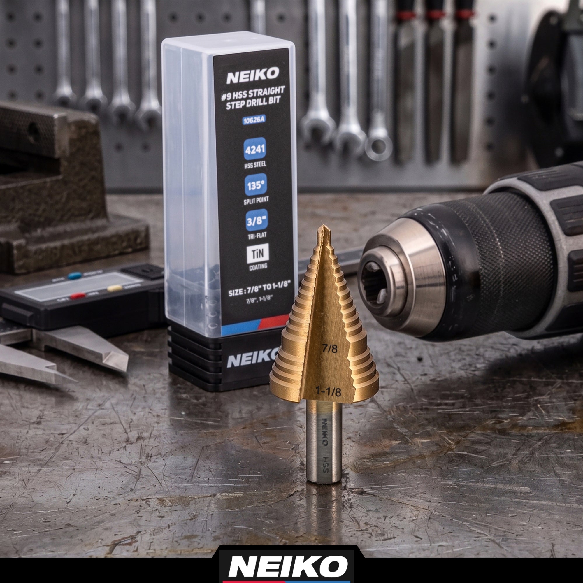 NEIKO 10626A Step Drill Bit, 2 Steps 7/8" to 1-1/8" Straight High Speed Steel, Titanium Nitride Coated, 3/8" Tri-Flat Step Bits for Steel, Metal, Wood, Plastic, Unibit Cone Drill Bits, Two Flute