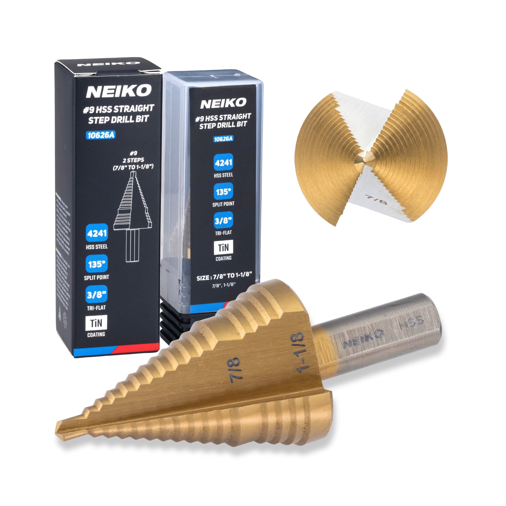 NEIKO 10626A Step Drill Bit, 2 Steps 7/8" to 1-1/8" Straight High Speed Steel, Titanium Nitride Coated, 3/8" Tri-Flat Step Bits for Steel, Metal, Wood, Plastic, Unibit Cone Drill Bits, Two Flute