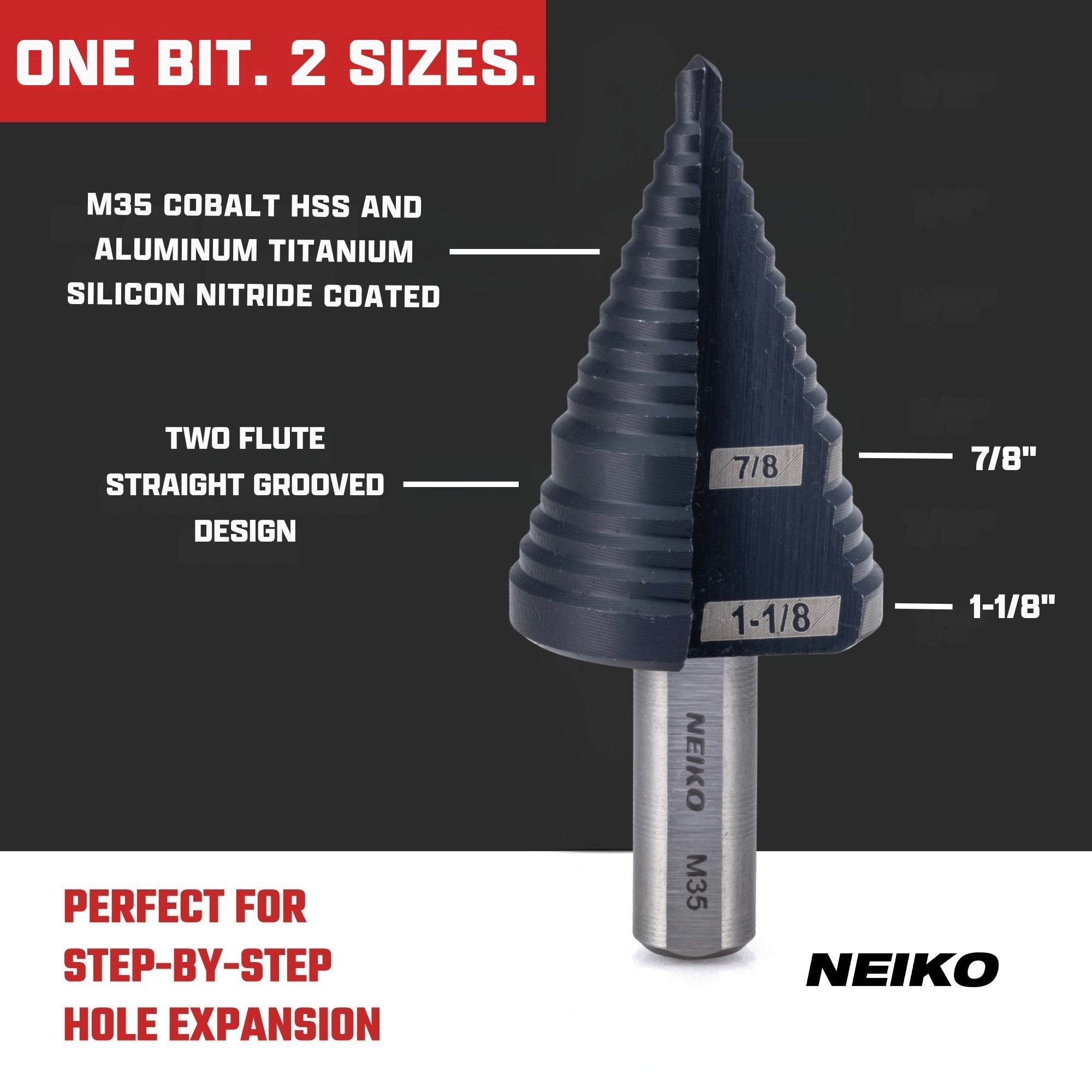 NEIKO 10626B Step Drill Bit, 2 Steps 7/8" to 1-1/8" Straight M35 Cobalt, AlTiSiN Coated, 3/8" Tri-Flat Step Bits for Steel, Metal, Wood, Plastic, Unibit Cone Drill Bits, Two Flute