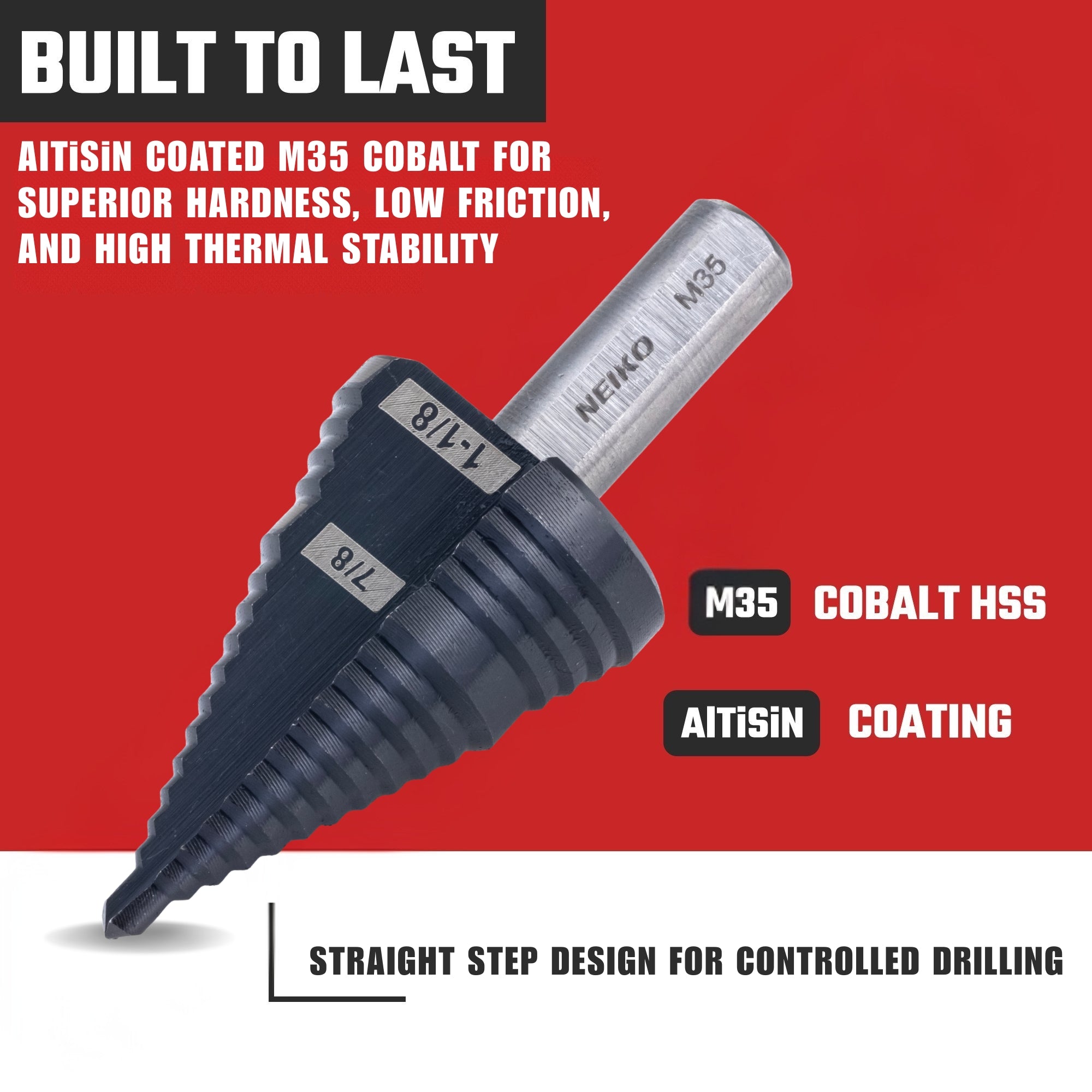 NEIKO 10626B Step Drill Bit, 2 Steps 7/8" to 1-1/8" Straight M35 Cobalt, AlTiSiN Coated, 3/8" Tri-Flat Step Bits for Steel, Metal, Wood, Plastic, Unibit Cone Drill Bits, Two Flute