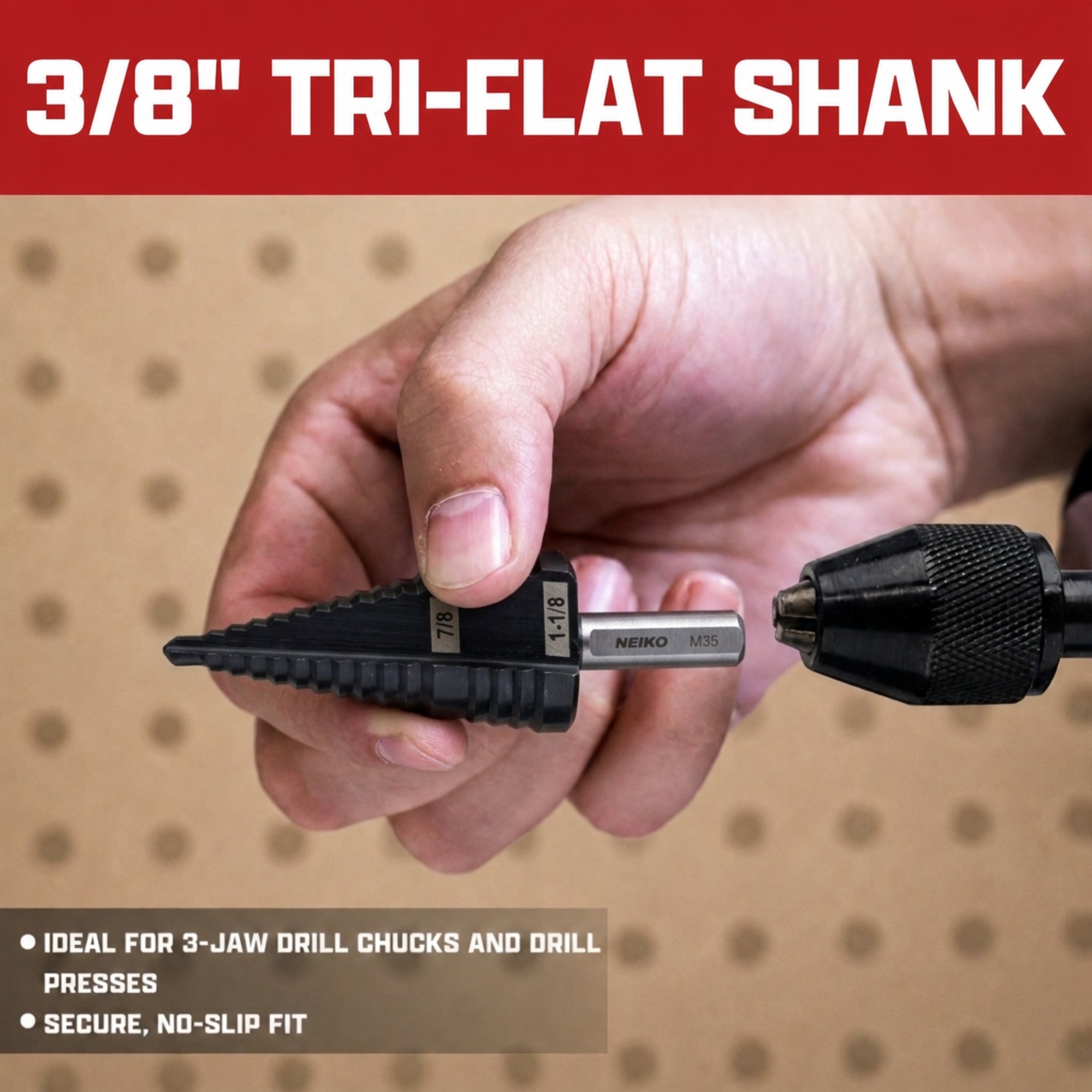 NEIKO 10626B Step Drill Bit, 2 Steps 7/8" to 1-1/8" Straight M35 Cobalt, AlTiSiN Coated, 3/8" Tri-Flat Step Bits for Steel, Metal, Wood, Plastic, Unibit Cone Drill Bits, Two Flute