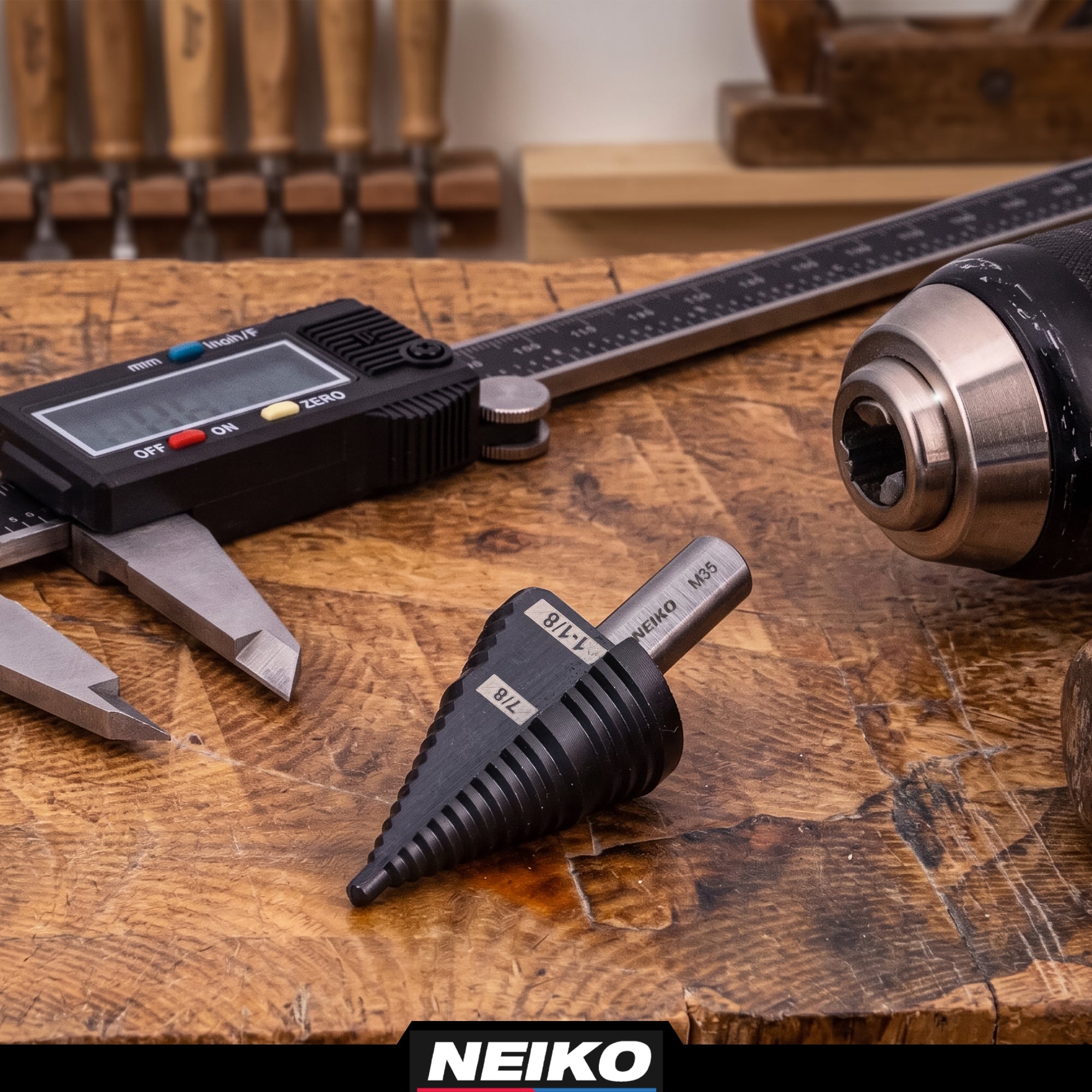 NEIKO 10626B Step Drill Bit, 2 Steps 7/8" to 1-1/8" Straight M35 Cobalt, AlTiSiN Coated, 3/8" Tri-Flat Step Bits for Steel, Metal, Wood, Plastic, Unibit Cone Drill Bits, Two Flute