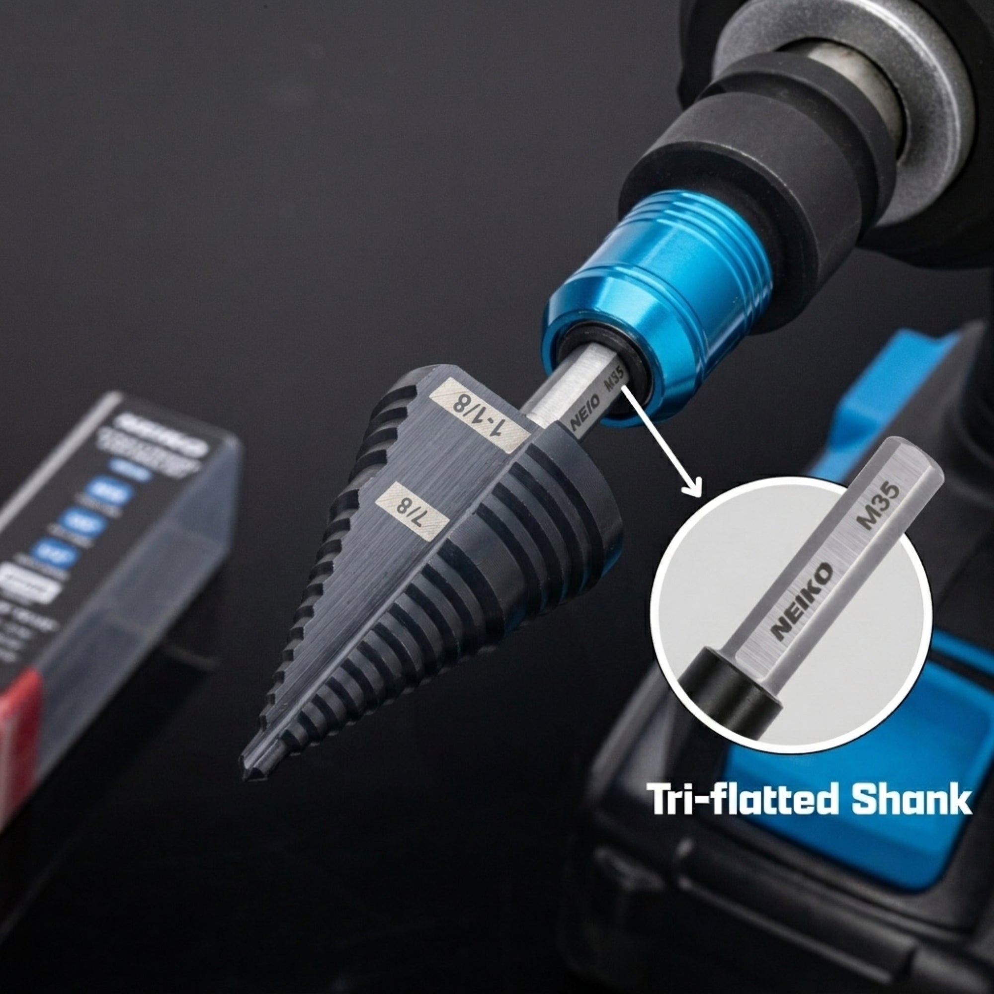 NEIKO 10626B Step Drill Bit, 2 Steps 7/8" to 1-1/8" Straight M35 Cobalt, AlTiSiN Coated, 3/8" Tri-Flat Step Bits for Steel, Metal, Wood, Plastic, Unibit Cone Drill Bits, Two Flute