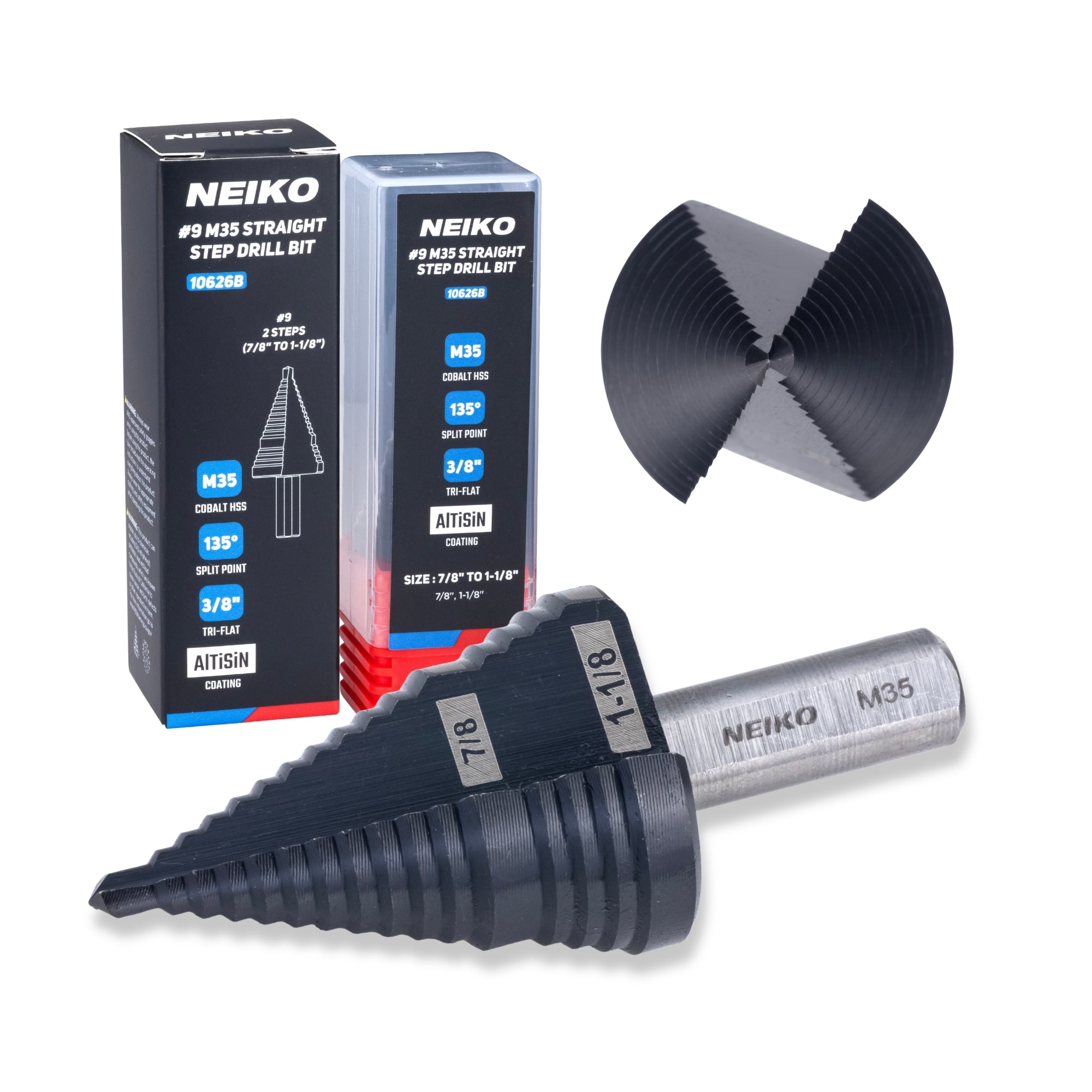 NEIKO 10626B Step Drill Bit, 2 Steps 7/8" to 1-1/8" Straight M35 Cobalt, AlTiSiN Coated, 3/8" Tri-Flat Step Bits for Steel, Metal, Wood, Plastic, Unibit Cone Drill Bits, Two Flute
