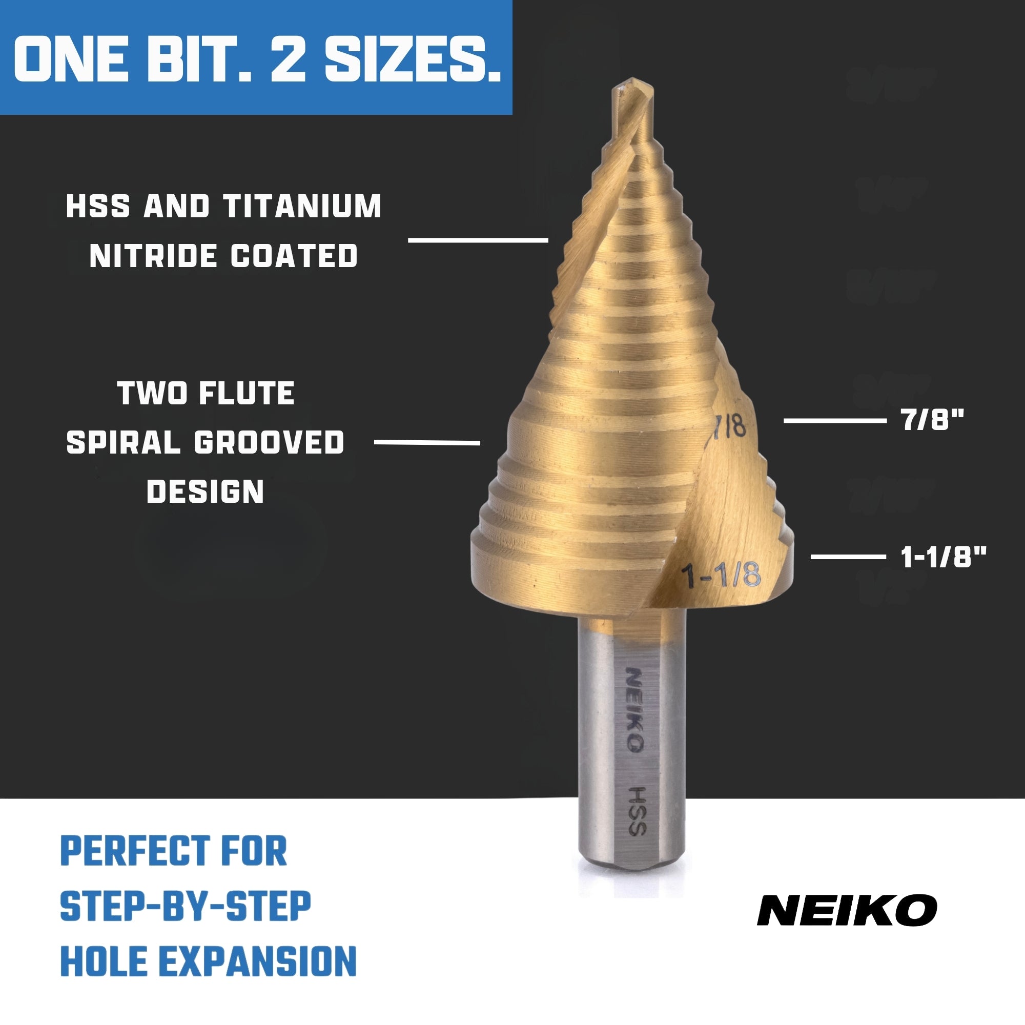NEIKO 10627A Step Drill Bit, 2 Steps 7/8" to 1-1/8" Spiral High Speed Steel, Titanium Nitride Coated, 3/8" Tri-Flat Step Bits for Steel, Metal, Wood, Plastic, Unibit Cone Drill Bits, Two Flute