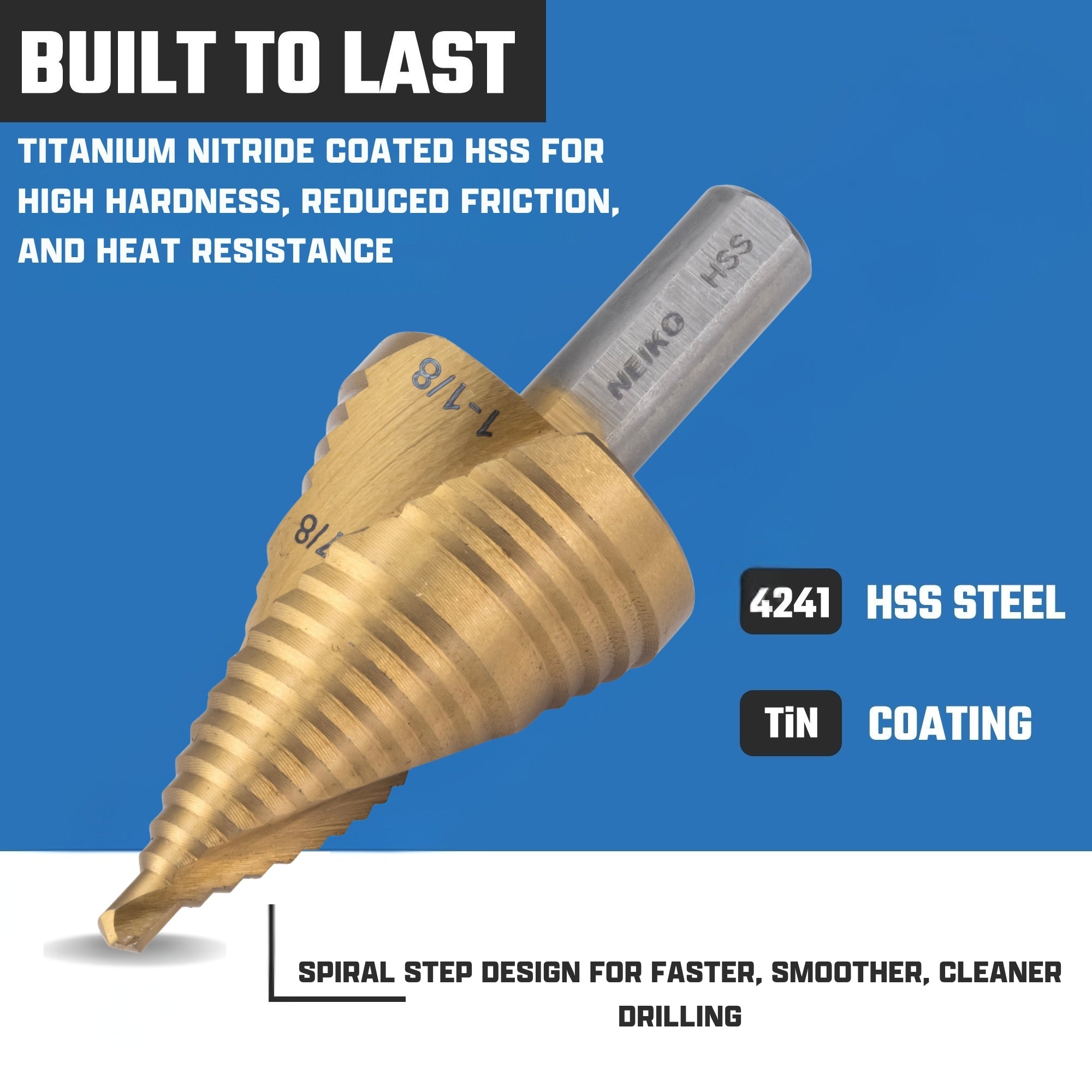 NEIKO 10627A Step Drill Bit, 2 Steps 7/8" to 1-1/8" Spiral High Speed Steel, Titanium Nitride Coated, 3/8" Tri-Flat Step Bits for Steel, Metal, Wood, Plastic, Unibit Cone Drill Bits, Two Flute