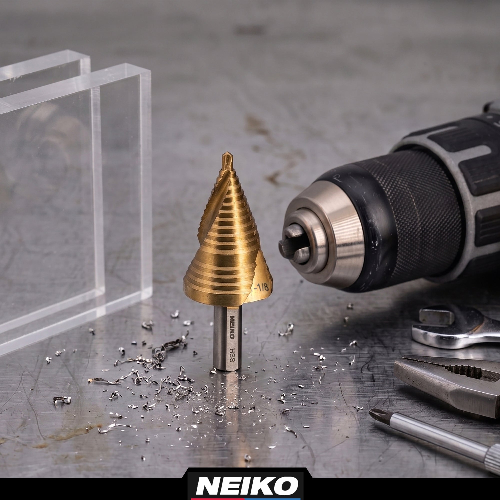 NEIKO 10627A Step Drill Bit, 2 Steps 7/8" to 1-1/8" Spiral High Speed Steel, Titanium Nitride Coated, 3/8" Tri-Flat Step Bits for Steel, Metal, Wood, Plastic, Unibit Cone Drill Bits, Two Flute