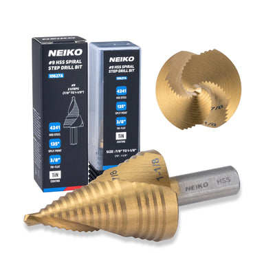 NEIKO 10627A Step Drill Bit, 2 Steps 7/8" to 1-1/8" Spiral High Speed Steel, Titanium Nitride Coated, 3/8" Tri-Flat Step Bits for Steel, Metal, Wood, Plastic, Unibit Cone Drill Bits, Two Flute