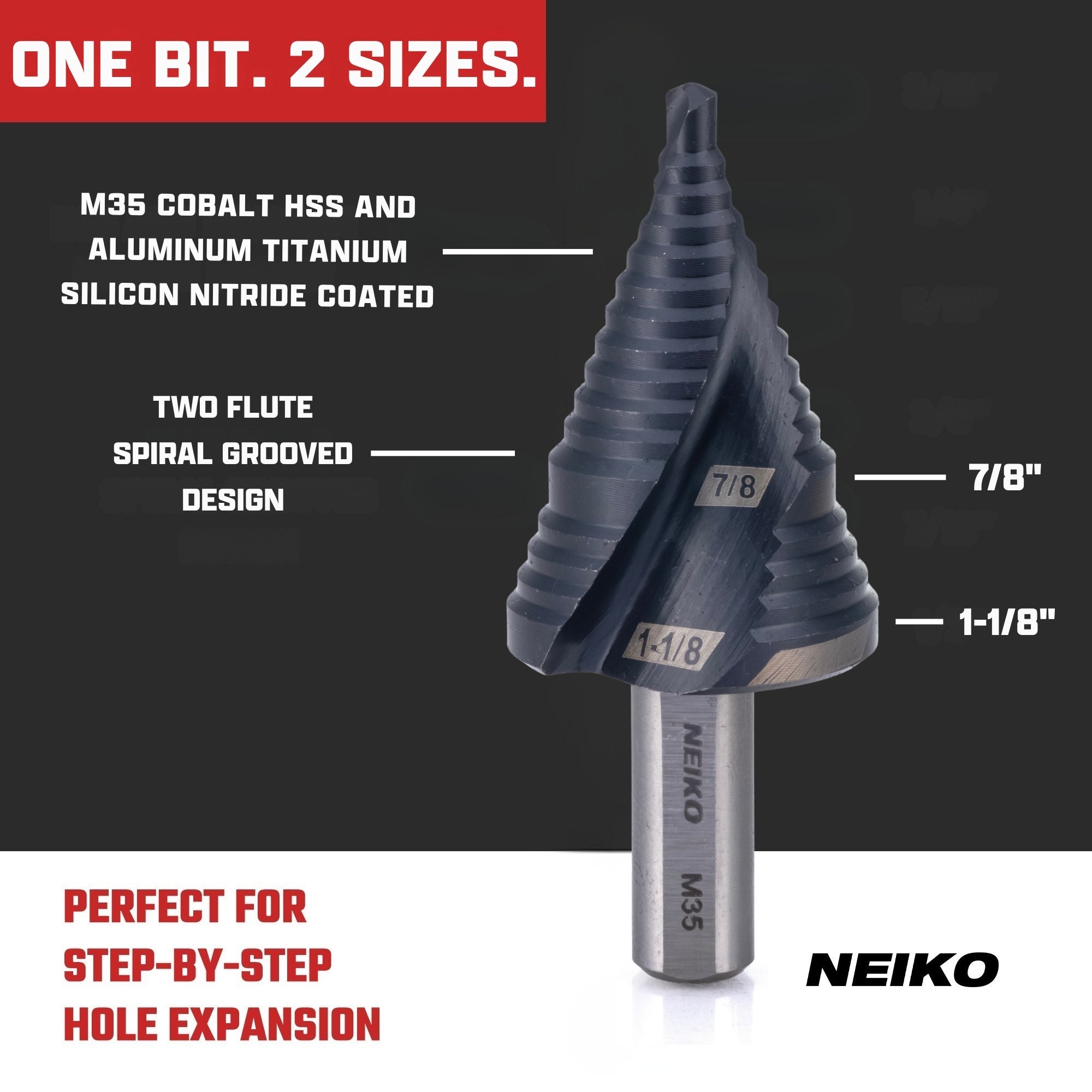 NEIKO 10627B Step Drill Bit, 2 Steps 7/8" to 1-1/8" Spiral M35 Cobalt, AlTiSiN Coated, 3/8" Tri-Flat Step Bits for Steel, Metal, Wood, Plastic, Unibit Cone Drill Bits, Two Flute