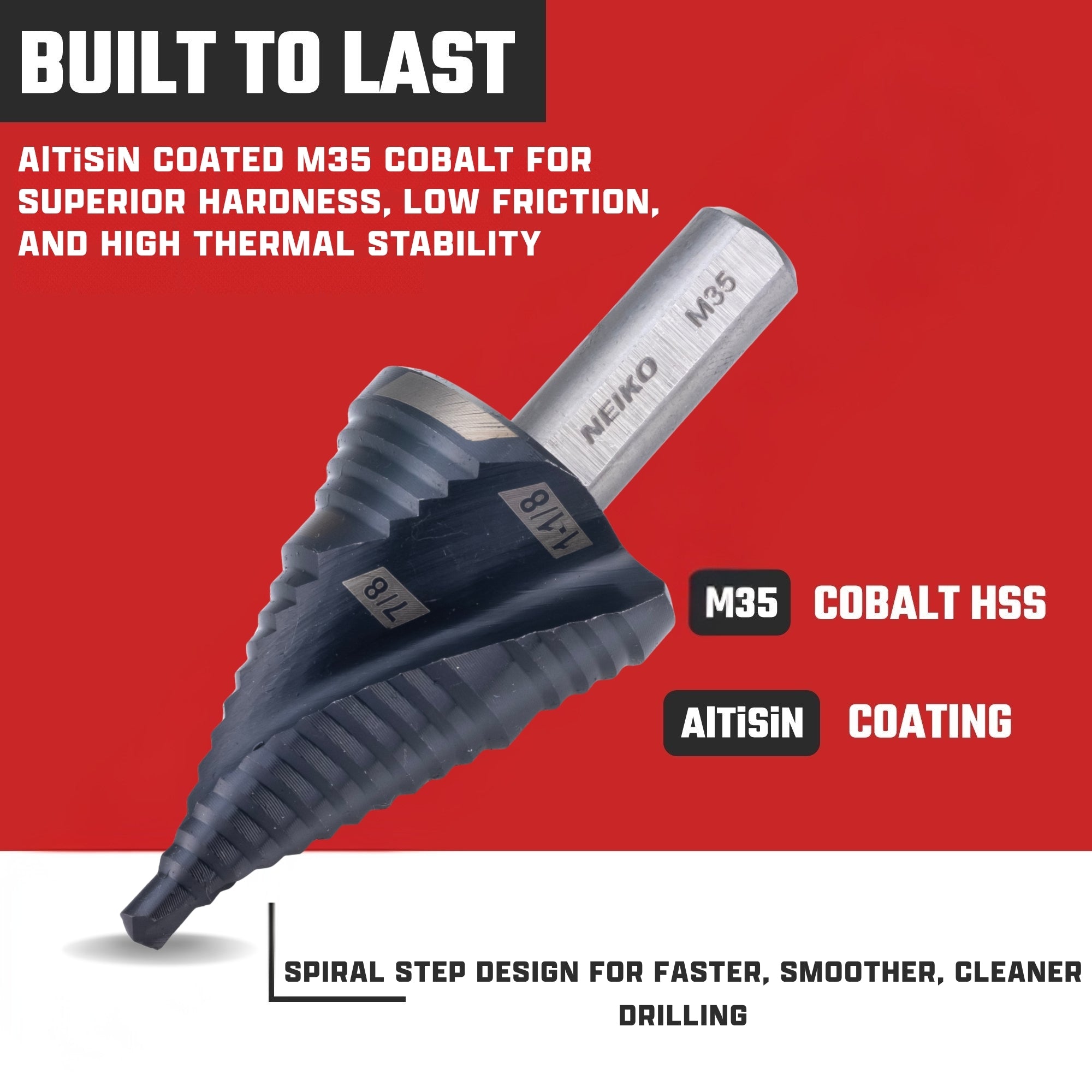 NEIKO 10627B Step Drill Bit, 2 Steps 7/8" to 1-1/8" Spiral M35 Cobalt, AlTiSiN Coated, 3/8" Tri-Flat Step Bits for Steel, Metal, Wood, Plastic, Unibit Cone Drill Bits, Two Flute