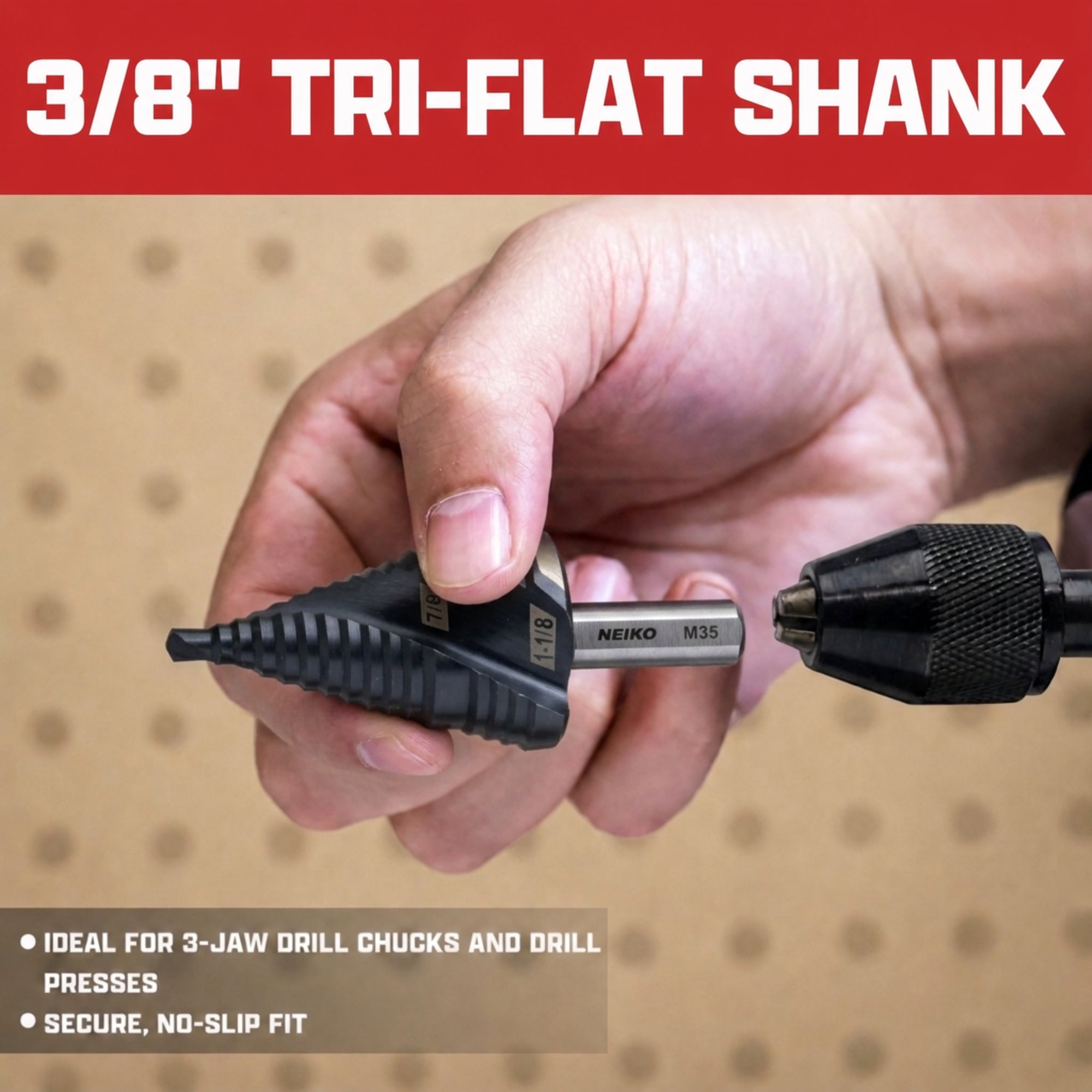 NEIKO 10627B Step Drill Bit, 2 Steps 7/8" to 1-1/8" Spiral M35 Cobalt, AlTiSiN Coated, 3/8" Tri-Flat Step Bits for Steel, Metal, Wood, Plastic, Unibit Cone Drill Bits, Two Flute