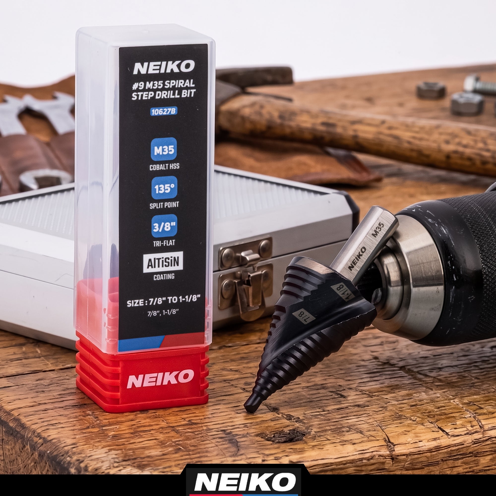 NEIKO 10627B Step Drill Bit, 2 Steps 7/8" to 1-1/8" Spiral M35 Cobalt, AlTiSiN Coated, 3/8" Tri-Flat Step Bits for Steel, Metal, Wood, Plastic, Unibit Cone Drill Bits, Two Flute