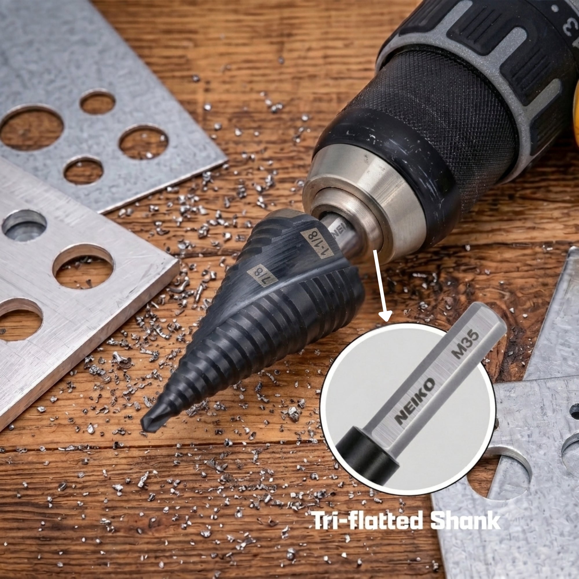 NEIKO 10627B Step Drill Bit, 2 Steps 7/8" to 1-1/8" Spiral M35 Cobalt, AlTiSiN Coated, 3/8" Tri-Flat Step Bits for Steel, Metal, Wood, Plastic, Unibit Cone Drill Bits, Two Flute