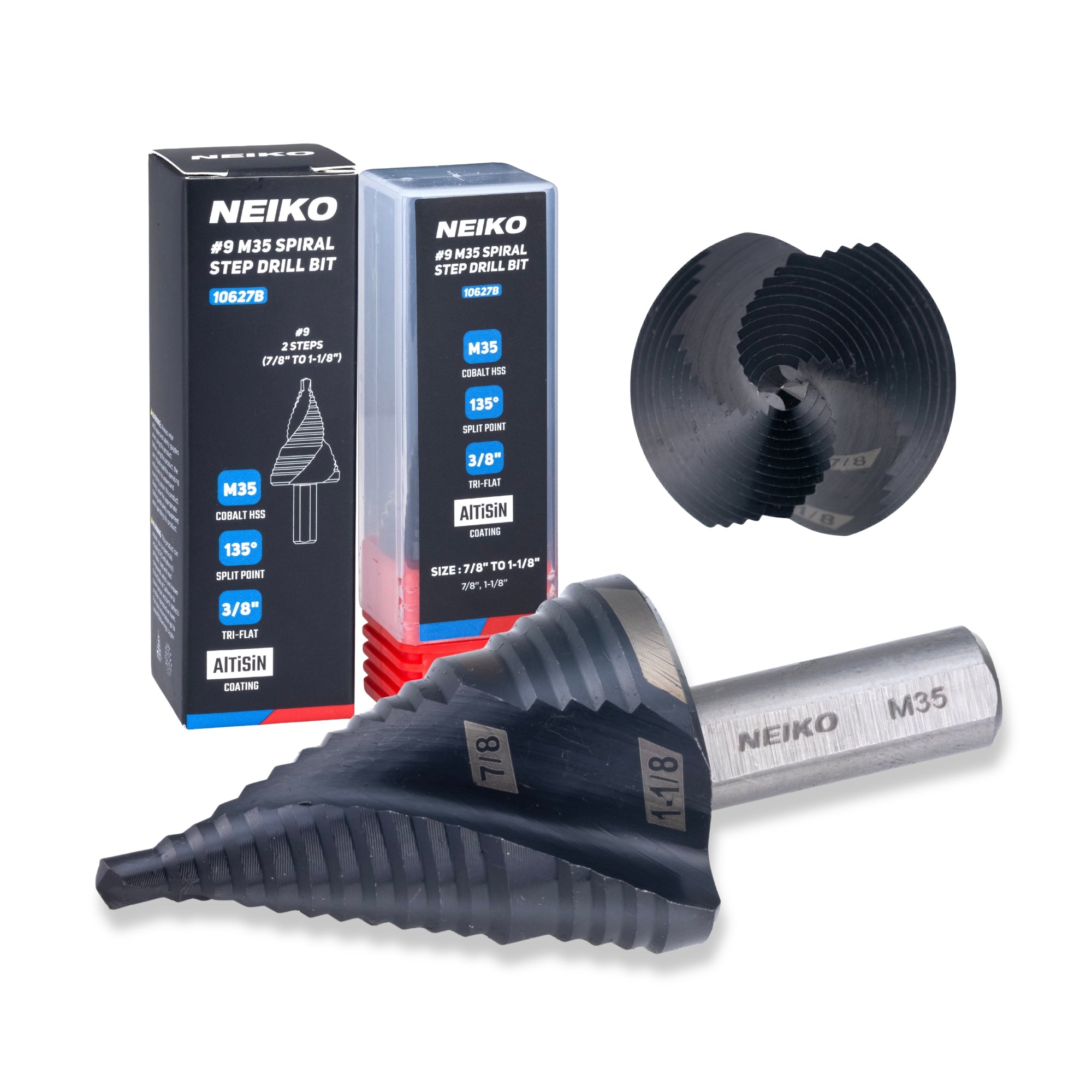 NEIKO 10627B Step Drill Bit, 2 Steps 7/8" to 1-1/8" Spiral M35 Cobalt, AlTiSiN Coated, 3/8" Tri-Flat Step Bits for Steel, Metal, Wood, Plastic, Unibit Cone Drill Bits, Two Flute