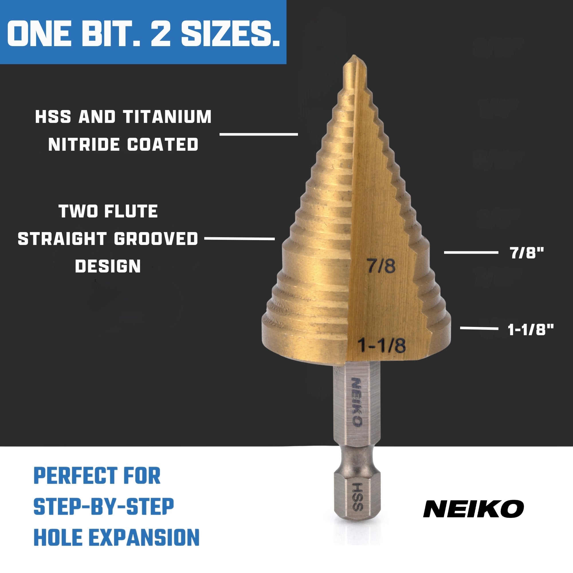 NEIKO 10628A Step Drill Bit, 2 Steps 7/8" to 1-1/8" Straight High Speed Steel, Titanium Nitride Coated, 1/4" Quick Change Step Bits for Steel, Metal, Wood, Plastic, Unibit Cone Drill Bits, Two Flute