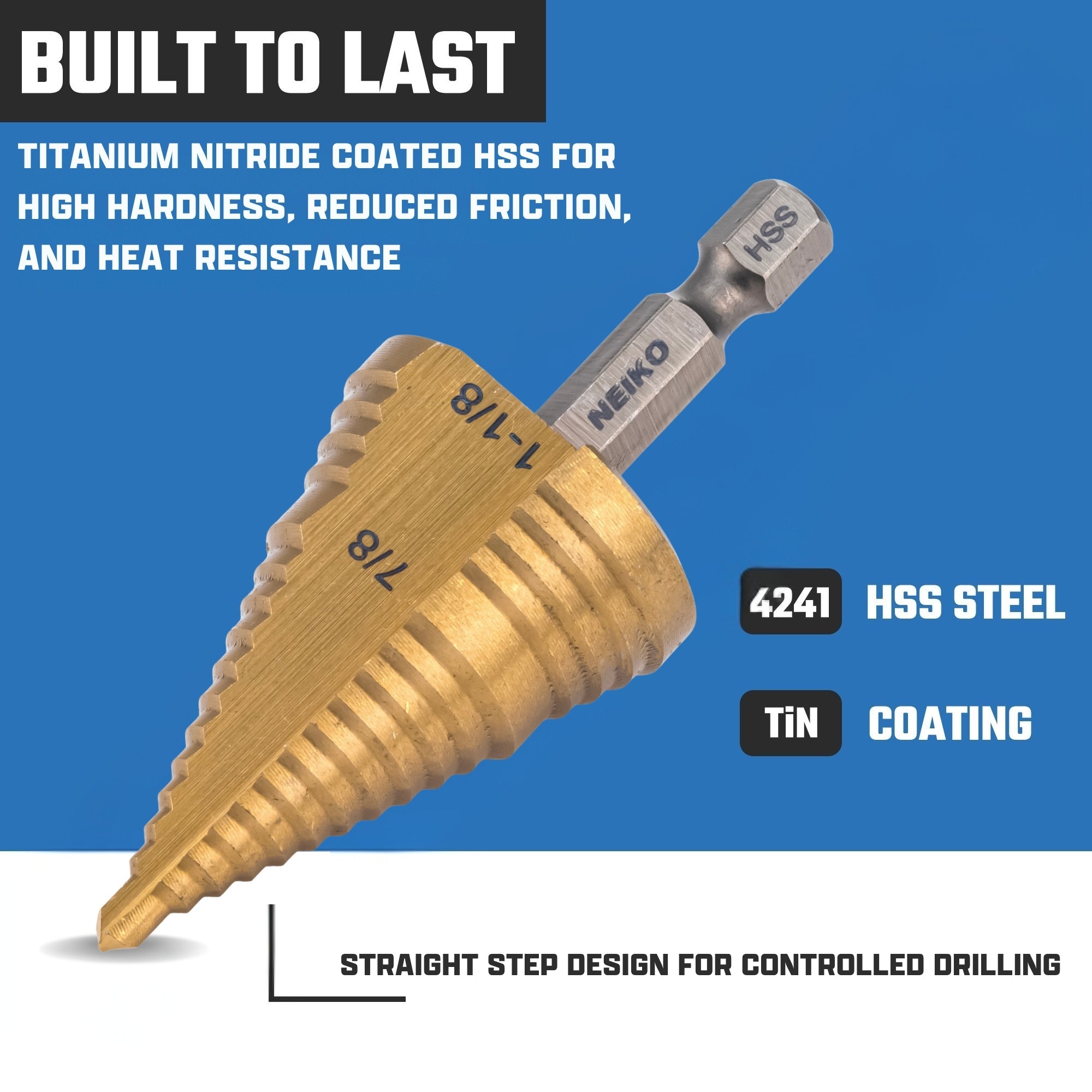NEIKO 10628A Step Drill Bit, 2 Steps 7/8" to 1-1/8" Straight High Speed Steel, Titanium Nitride Coated, 1/4" Quick Change Step Bits for Steel, Metal, Wood, Plastic, Unibit Cone Drill Bits, Two Flute