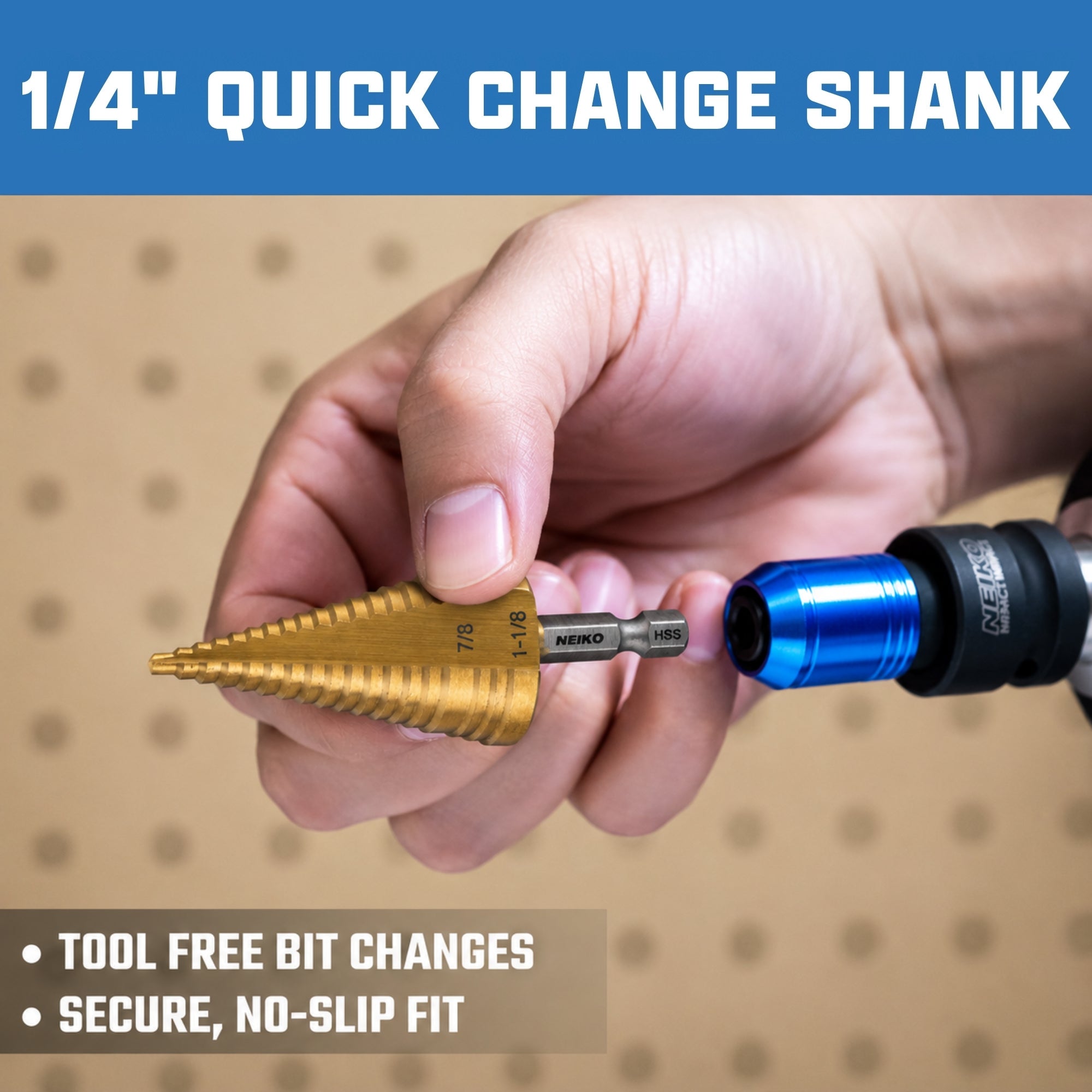 NEIKO 10628A Step Drill Bit, 2 Steps 7/8" to 1-1/8" Straight High Speed Steel, Titanium Nitride Coated, 1/4" Quick Change Step Bits for Steel, Metal, Wood, Plastic, Unibit Cone Drill Bits, Two Flute