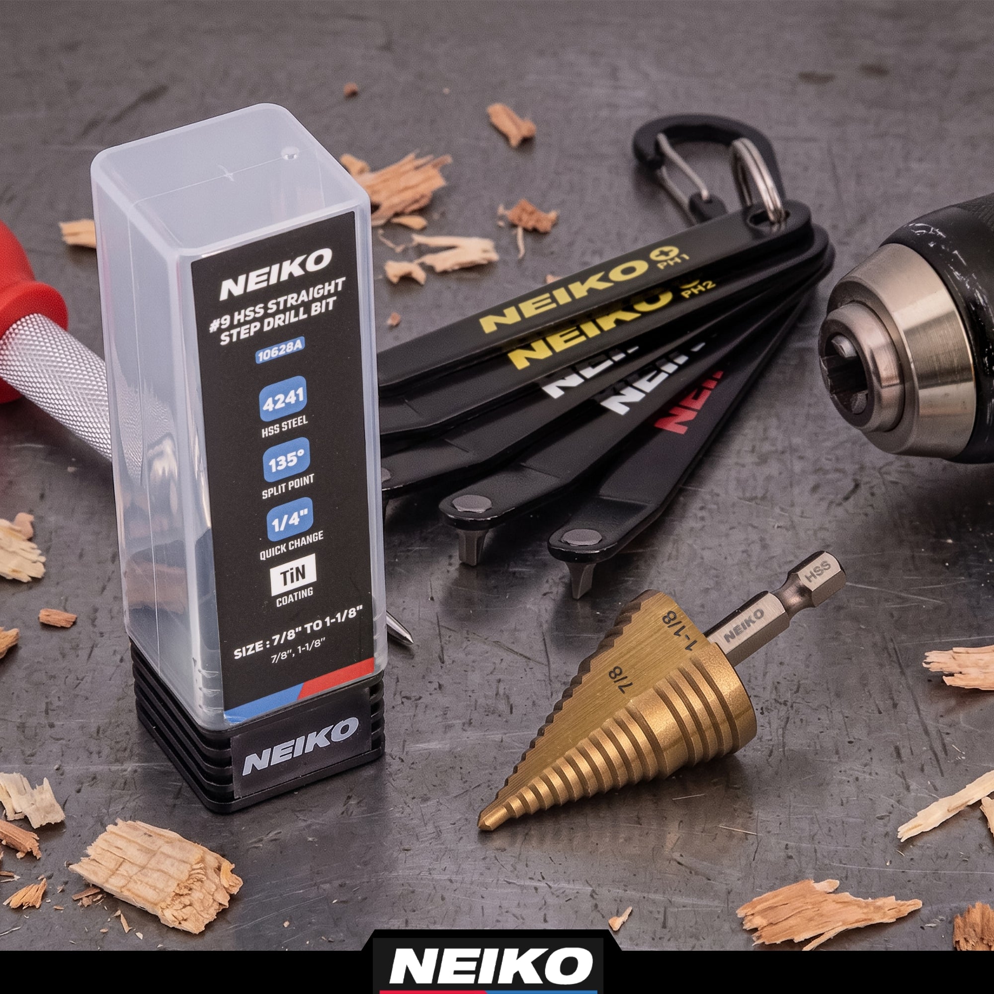 NEIKO 10628A Step Drill Bit, 2 Steps 7/8" to 1-1/8" Straight High Speed Steel, Titanium Nitride Coated, 1/4" Quick Change Step Bits for Steel, Metal, Wood, Plastic, Unibit Cone Drill Bits, Two Flute