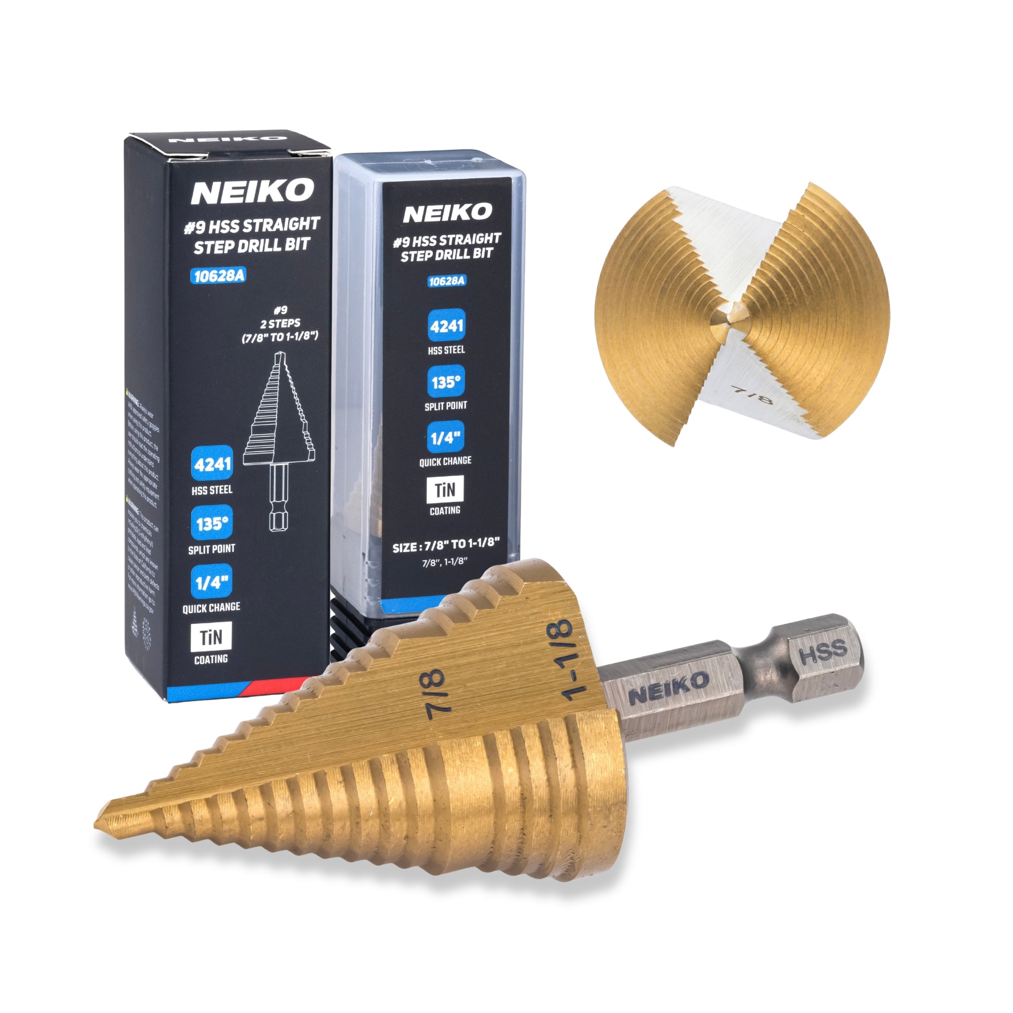 NEIKO 10628A Step Drill Bit, 2 Steps 7/8" to 1-1/8" Straight High Speed Steel, Titanium Nitride Coated, 1/4" Quick Change Step Bits for Steel, Metal, Wood, Plastic, Unibit Cone Drill Bits, Two Flute