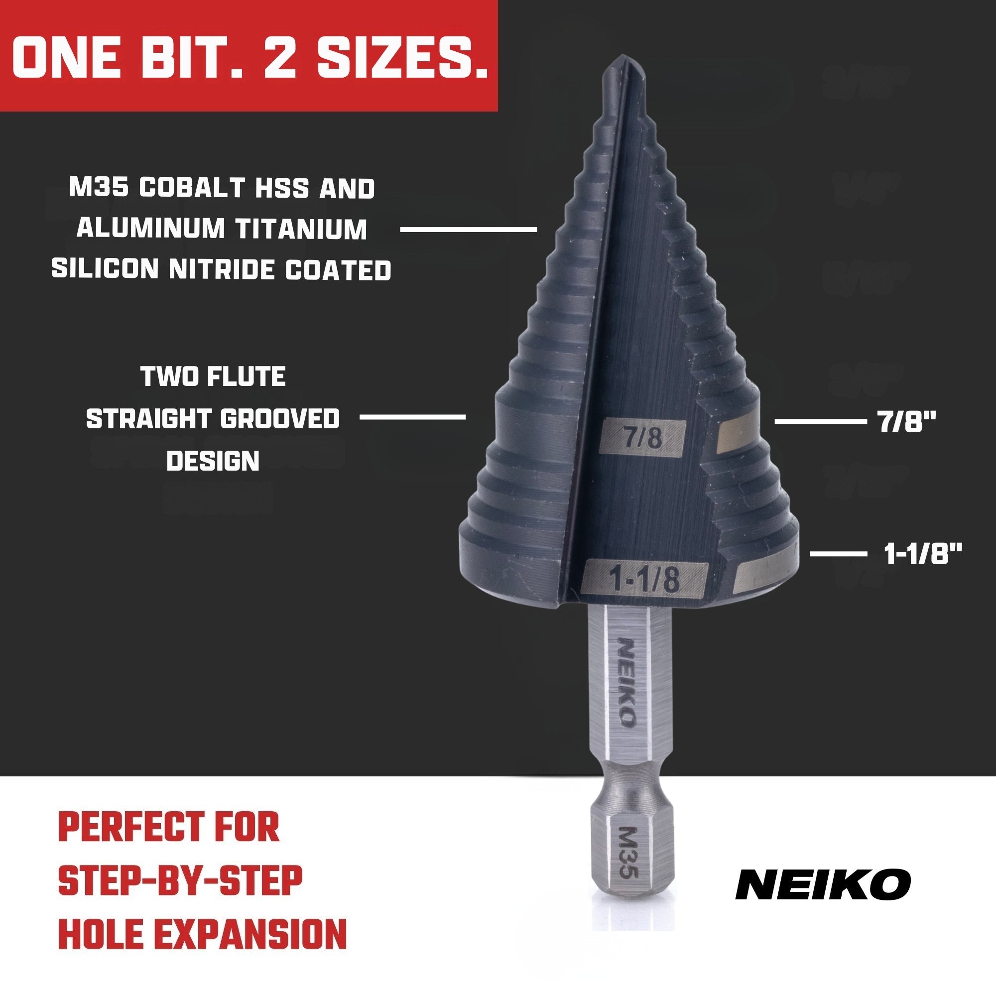 NEIKO 10628B Step Drill Bit, 2 Steps 7/8" to 1-1/8" Straight M35 Cobalt, AlTiSiN Coated, 1/4" Quick Change Step Bits for Steel, Metal, Wood, Plastic, Unibit Cone Drill Bits, Two Flute
