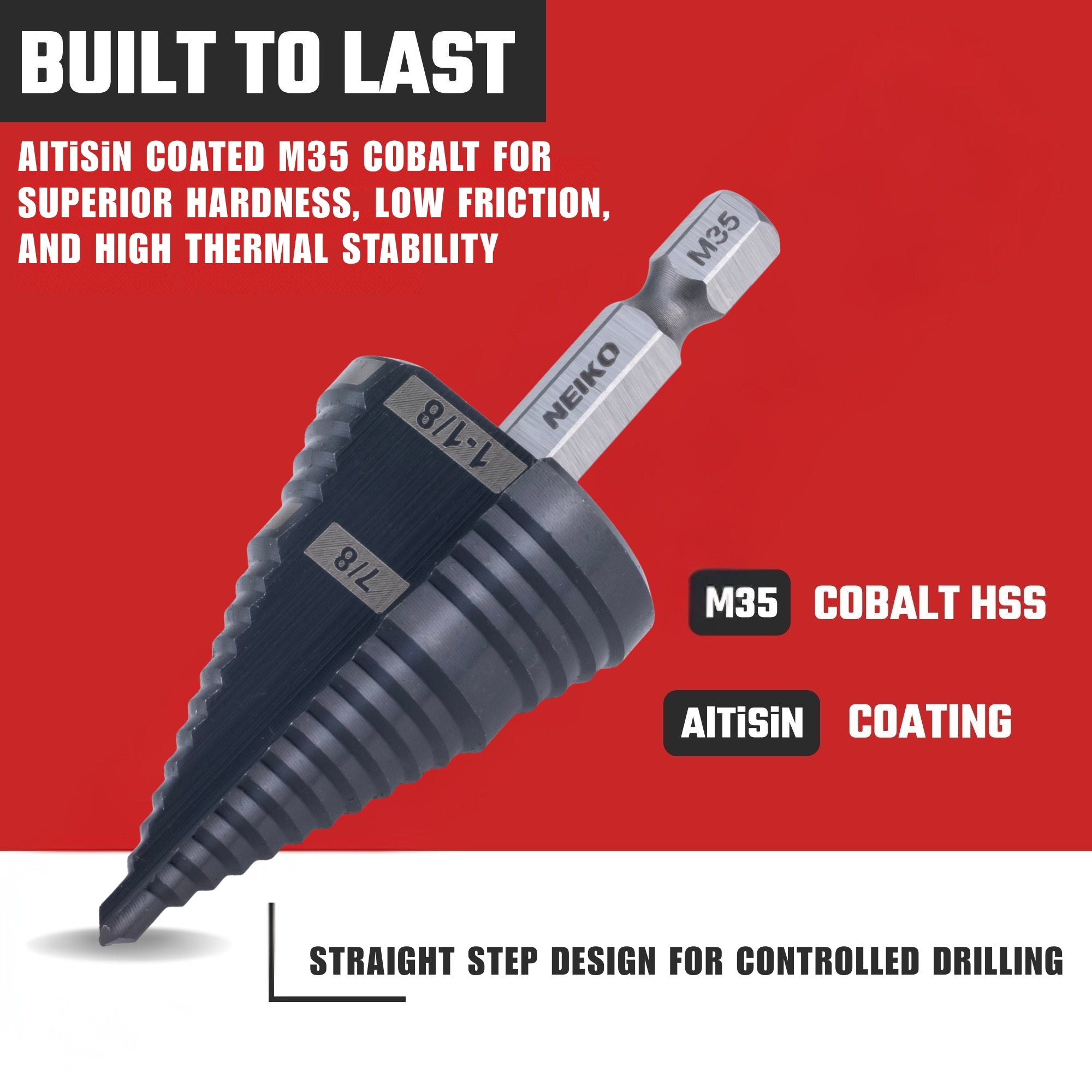 NEIKO 10628B Step Drill Bit, 2 Steps 7/8" to 1-1/8" Straight M35 Cobalt, AlTiSiN Coated, 1/4" Quick Change Step Bits for Steel, Metal, Wood, Plastic, Unibit Cone Drill Bits, Two Flute
